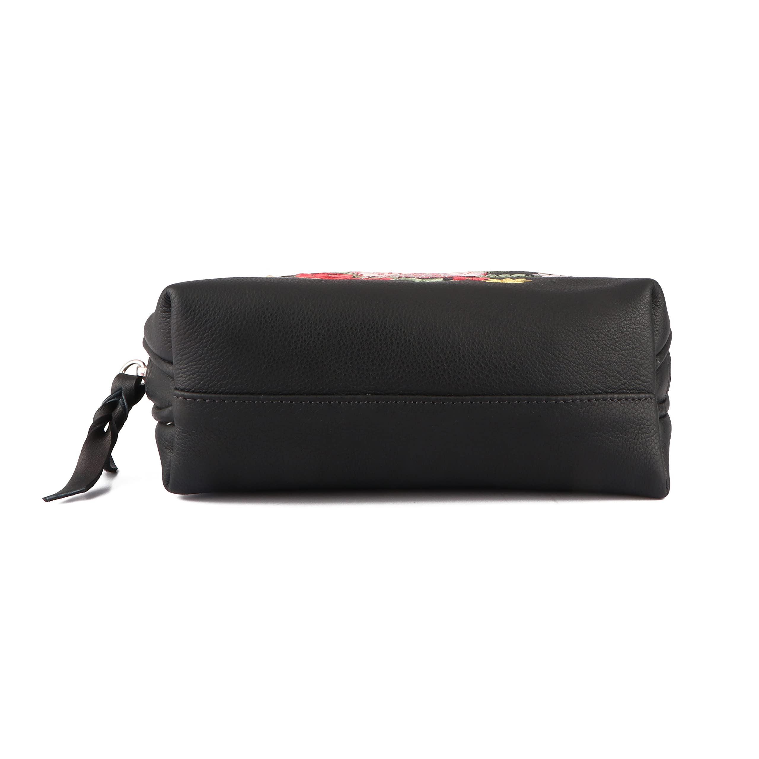 CHALLENGER Women's Black Leather Floral Embroidered Cosmetic Makeup Bag with Zipper - Perfect for Travel, Gym & Everyday Essentials (18BT07BK)