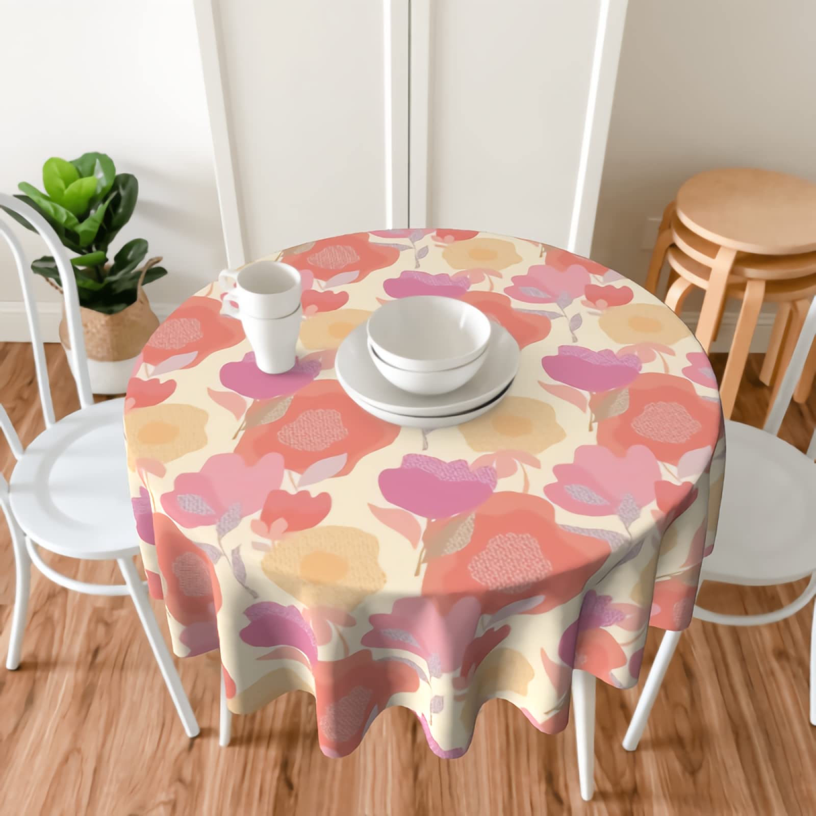 Cafl Round Table Cloth - Waterproof Abstract Pastel Boho Floral Table Cover for Wedding, Party, Dining & Holiday Banquet - Perfect for Indoor/Outdoor Events, Picnics & Home Decor
