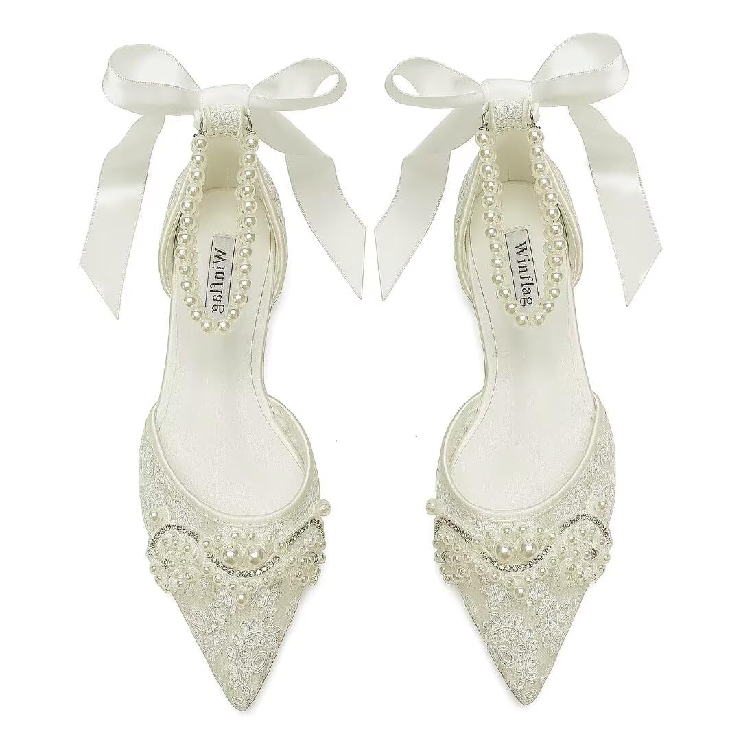 Pearl Wedding Shoes for Bride - Elegant Lace Bridal Flats with Pointed Toe | Perfect for Wedding Ceremony, Reception & Photoshoot