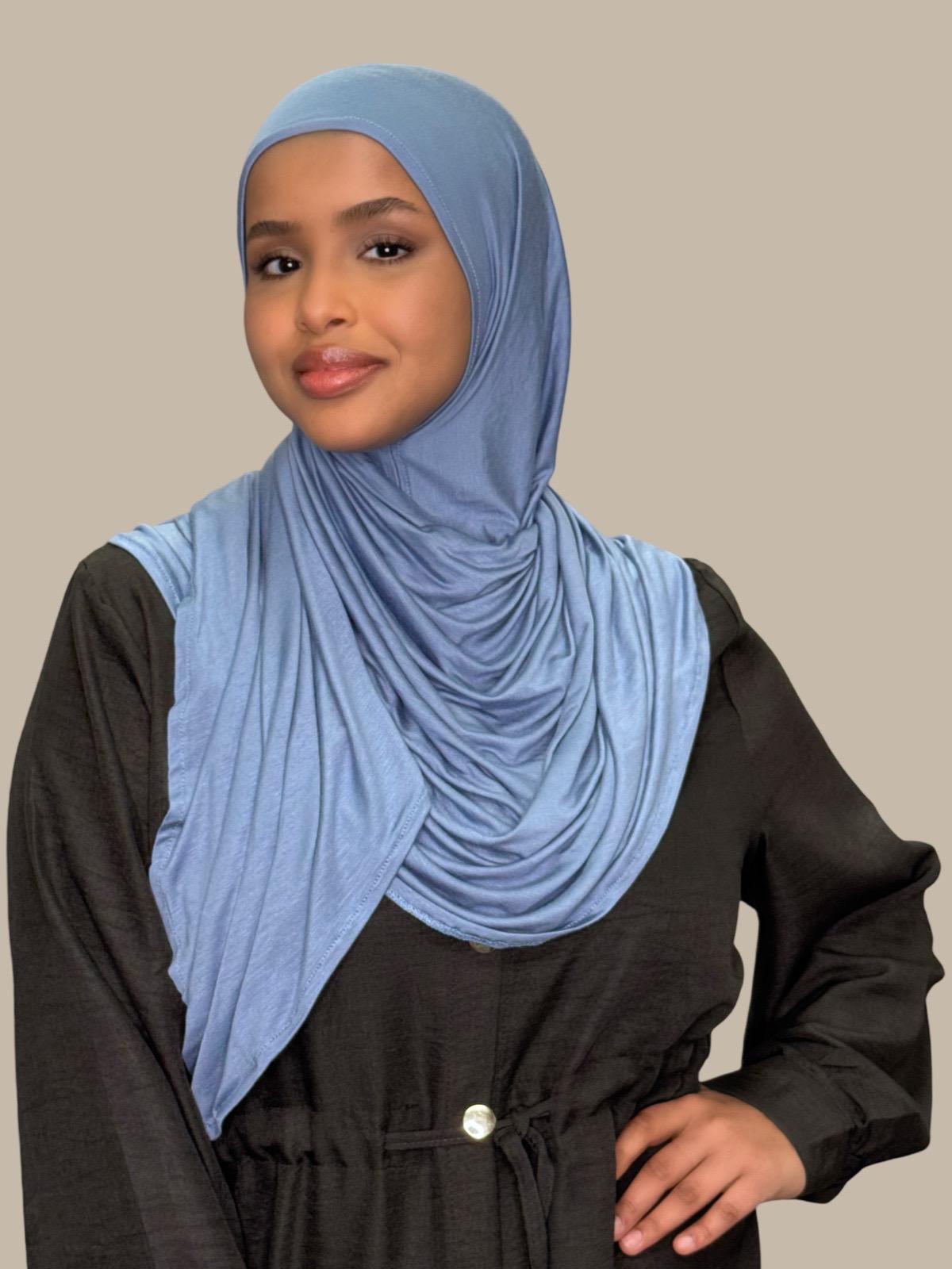 Pre Sewn Jersey Hijab in Blue & Grey - Soft & Comfortable Muslim Headscarf for Daily Wear & Prayer