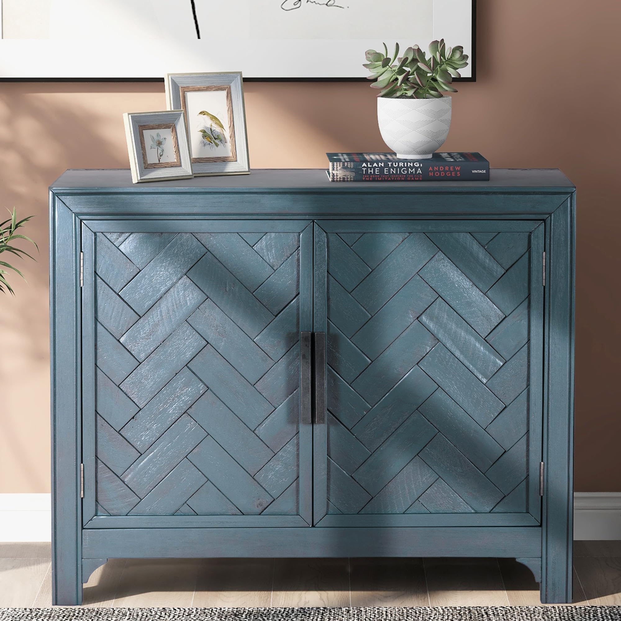 P PURLOVE Wooden Storage Cabinet with Unique Design Doors - Adjustable Shelves, Space Saving Buffet Sideboard for Living Room, Study Room, Bedroom & Office - Antique Blue Home Organization Furniture for Small Spaces