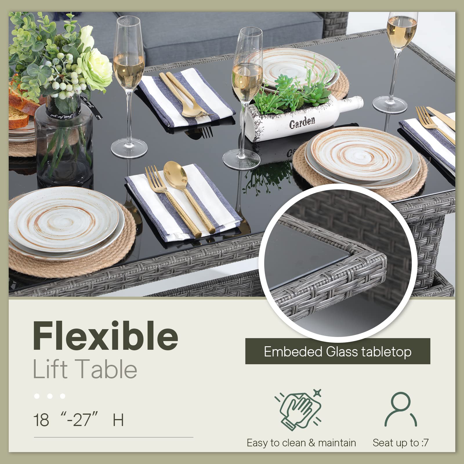 Outdoor Patio Lift Dining Table - Rectangle Wicker Coffee Table with Tempered Glass Top | Multi-Function Furniture for Backyard, Deck, Garden | Grey | Perfect for Outdoor Entertaining, Poolside Lounging & Alfresco Dining