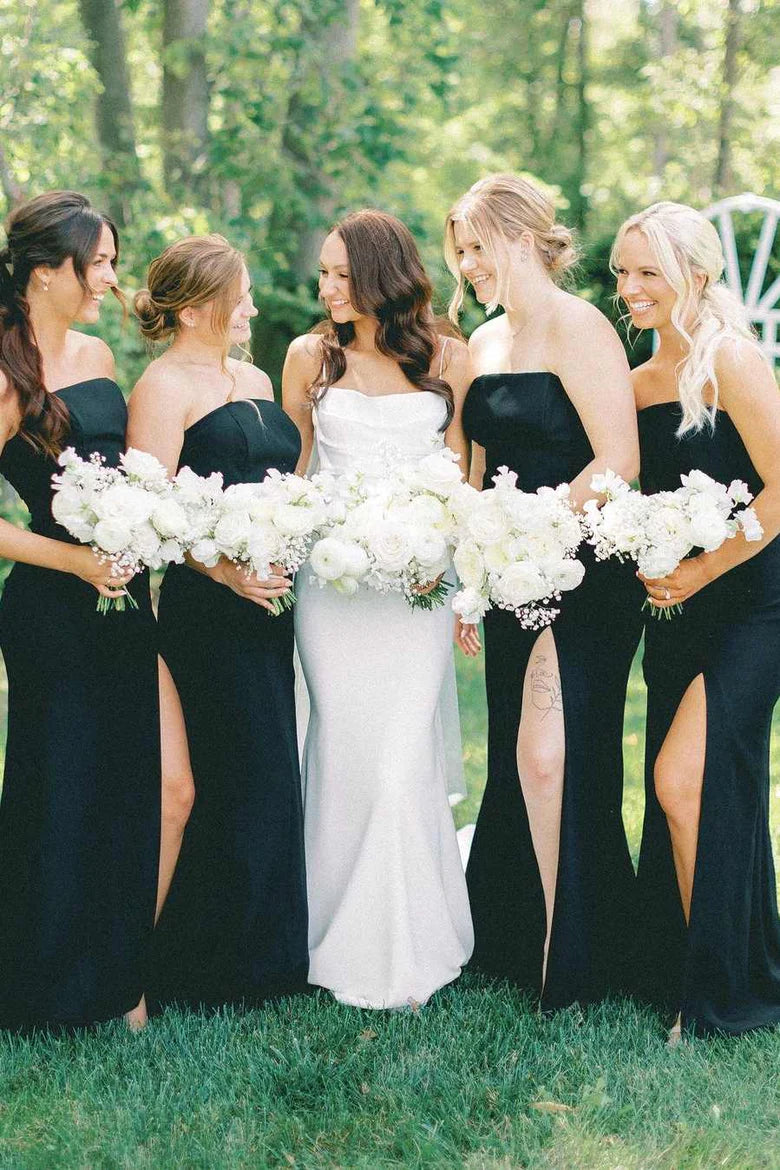 Elegant Black Satin Strapless Mermaid Bridesmaid Dress with High Slit - Perfect for Weddings, Prom, and Formal Evening Events