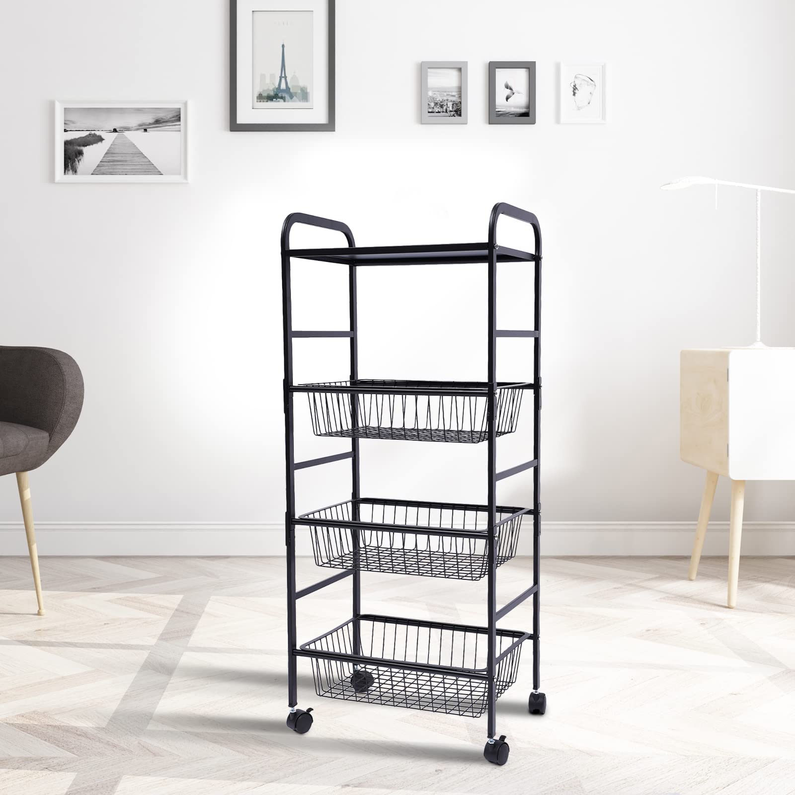 4-Tier Rolling Bakers Rack with Wheels - Heavy Duty Stainless Steel Utility Storage Shelf, Microwave Stand Cart for Kitchen, Coffee Bar & Pantry Organization - Perfect for Small Spaces & Home Baking Needs