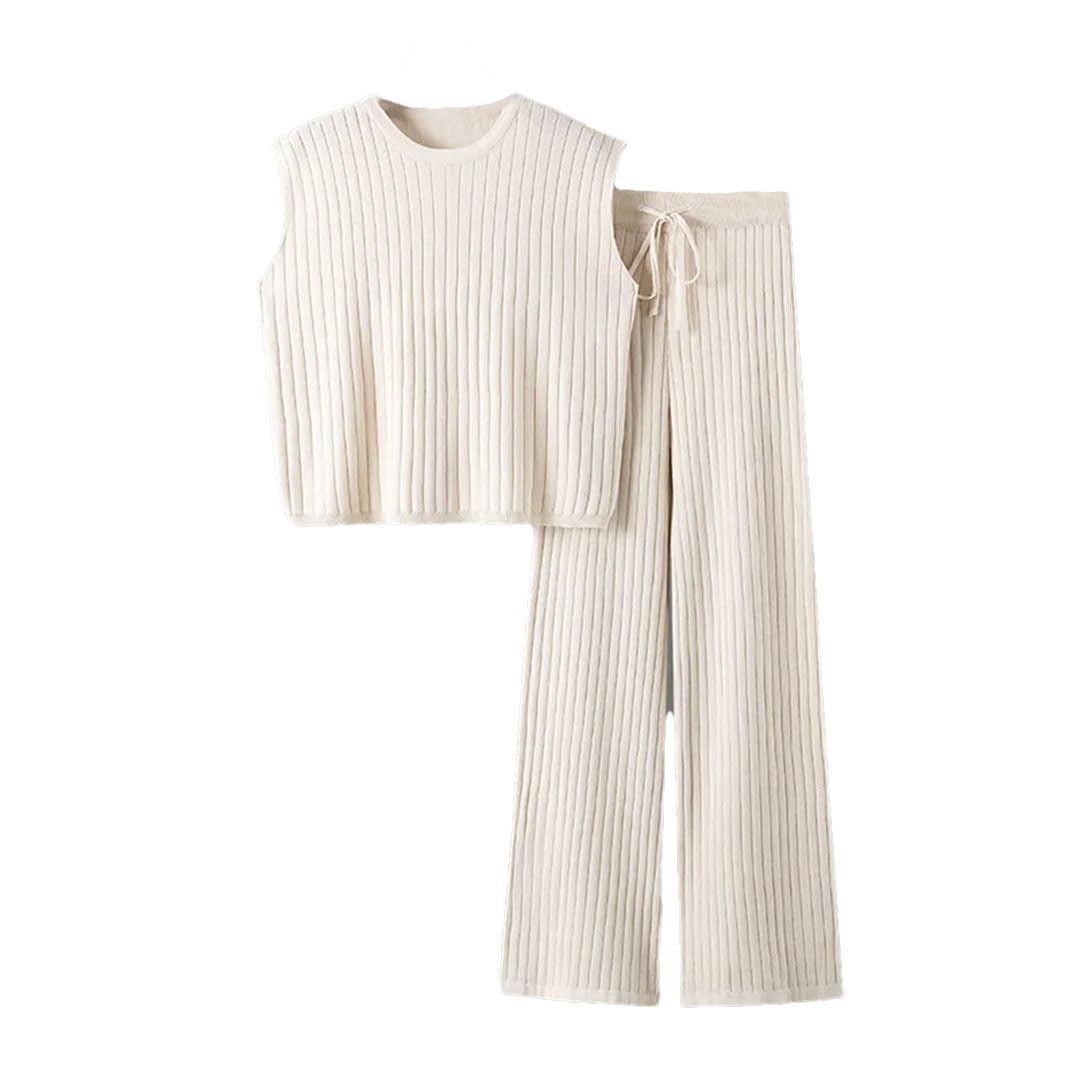 Women's 2-Piece Knitting Outfit Set - Sleeveless Solid Slim Fit Top & Bottom Combo | Perfect for Casual Wear, Office Outfits & Autumn Fashion
