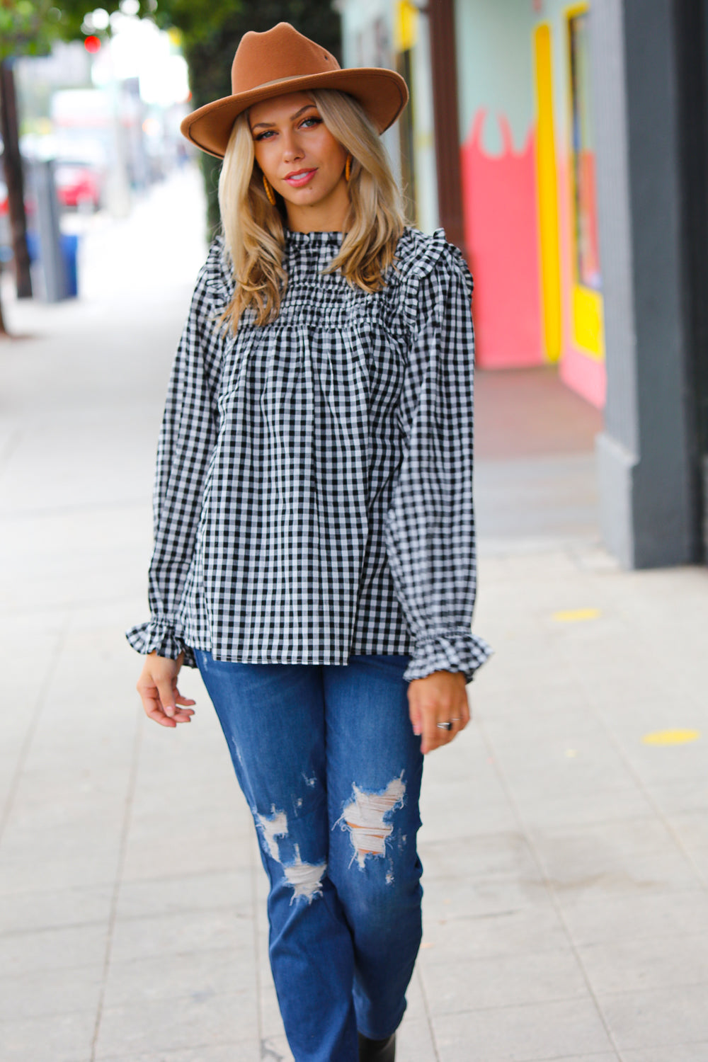 Stylish Black Gingham Shirred Yoke Mock Neck Frilled Top for Women | Vintage-Inspired Blouse for Casual Outfits & Date Nights