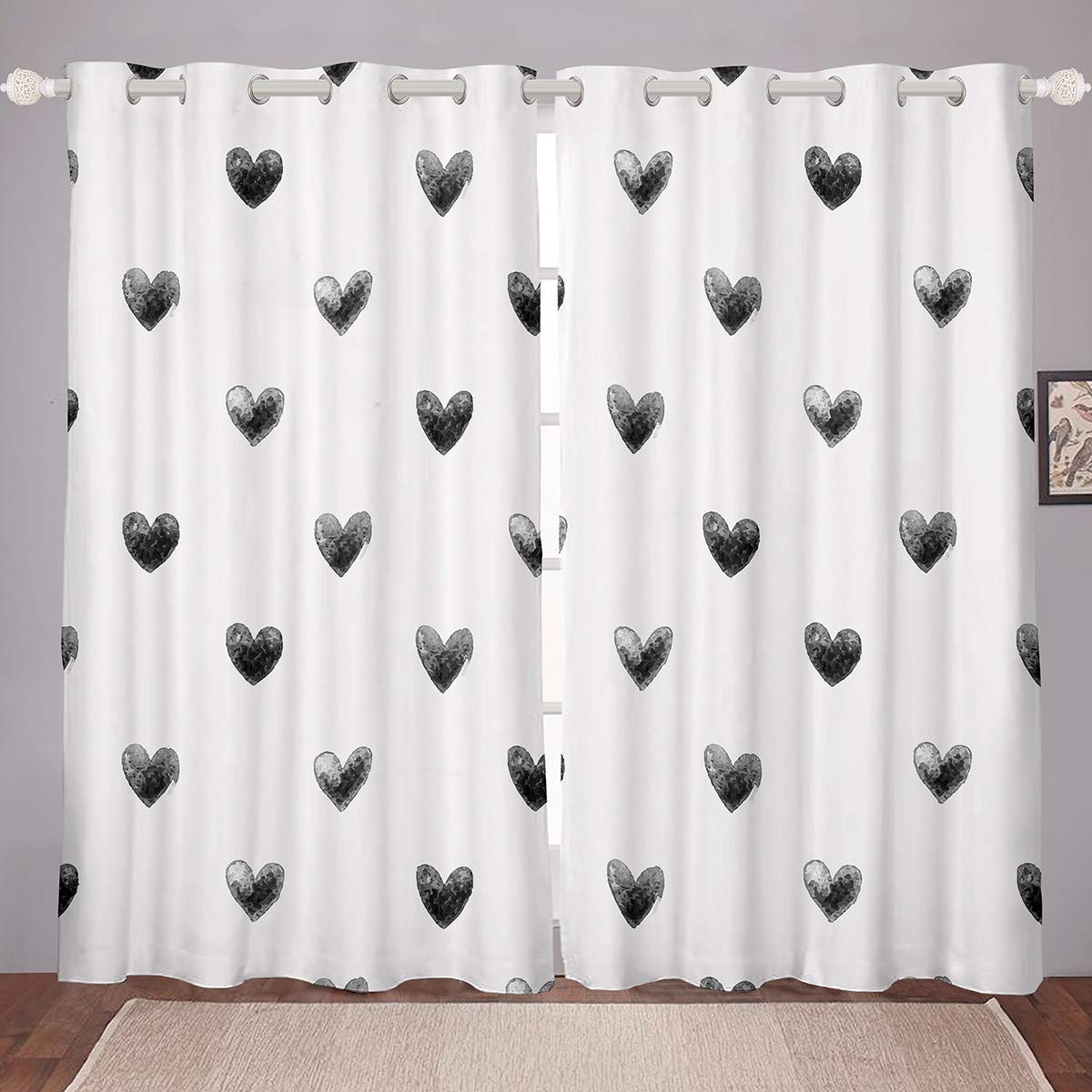 Castle Fairy Small Grey Love Heart Pattern Window Curtains - Super Soft Microfiber Brushed Thermal Insulated Room Curtains 104W x 63L Inch (2 Panels Set) for Bedroom, Living Room & Nursery Decor