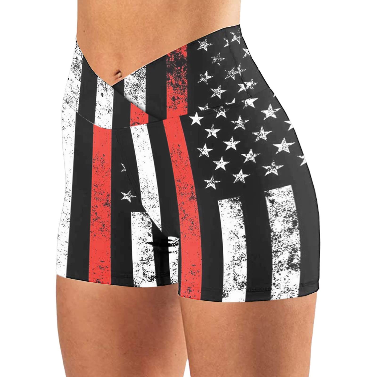 Stars and Stripes Yoga Shorts for Women - American Flag Print High Waisted Workout Shorts | 4th of July Running, Gym & Biker Shorts | Perfect for Independence Day, Patriotic Workouts & Summer Sports