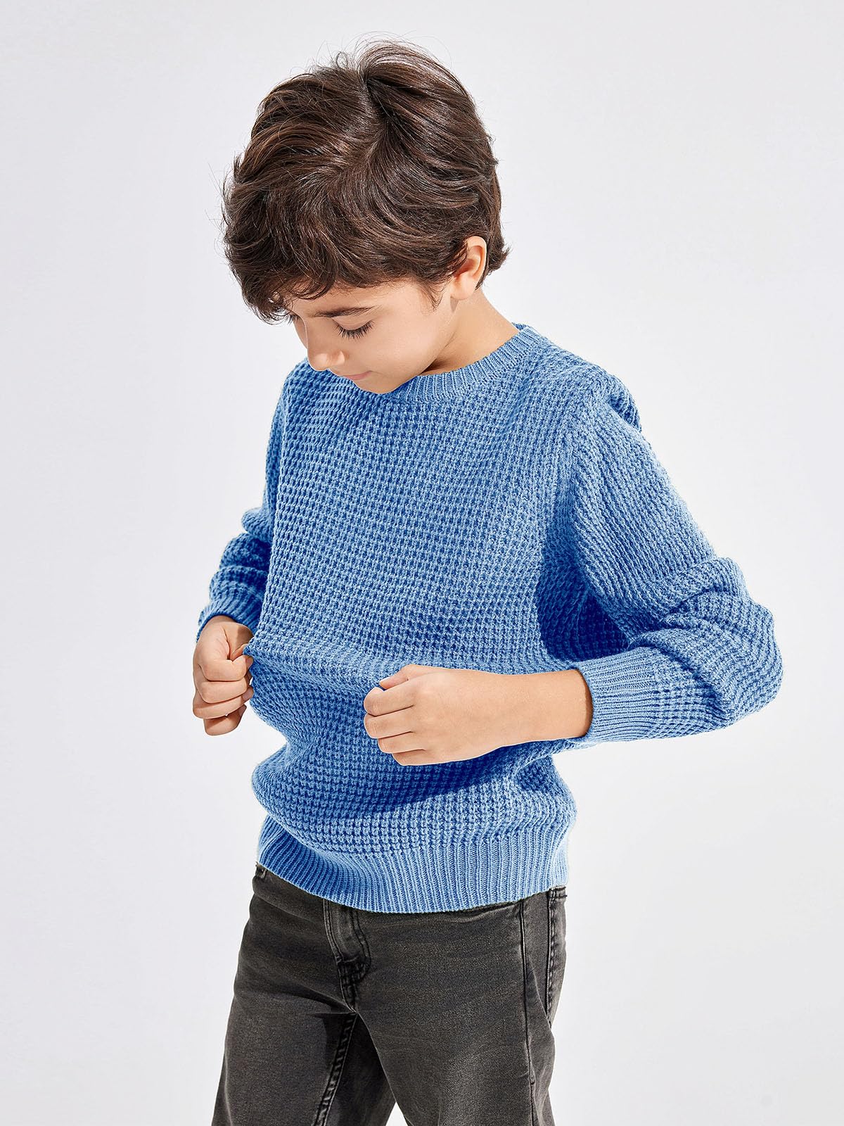 **Haloumoning Boys' Casual Pullover Sweaters - Chunky Crewneck Waffle Knit Jumper Tops for Kids (Ages 4-14) - Cozy & Stylish for School, Playdates & Outdoor Adventures**