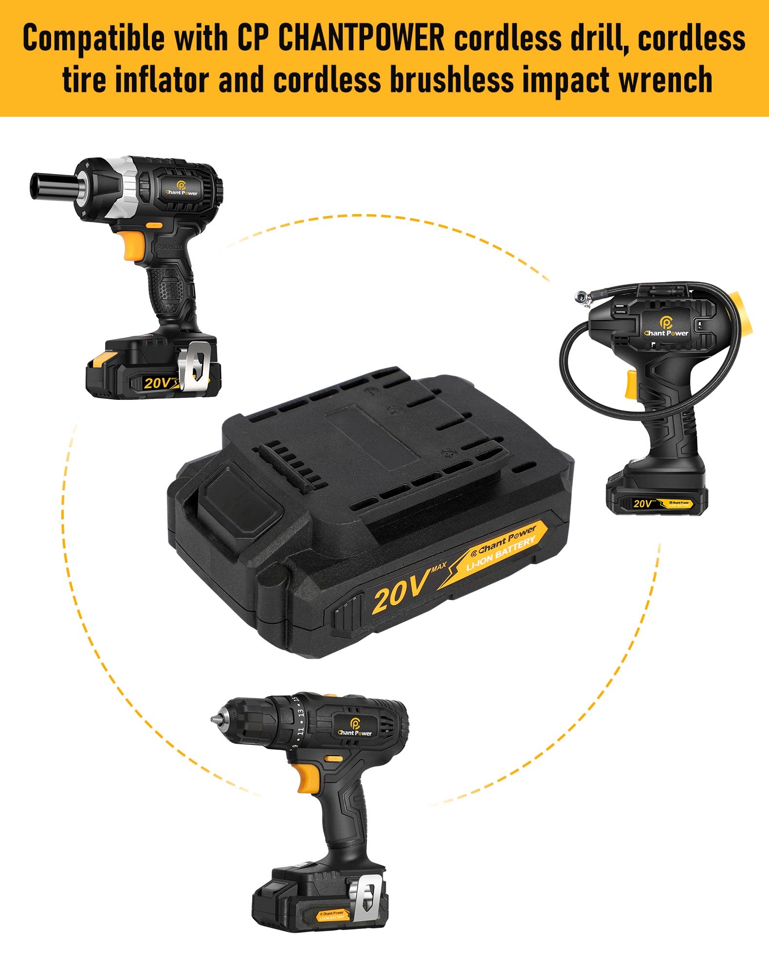 20V Cordless Drill Battery Pack with Power Indicator - Compatible with CHANTPOWER Tools, Tire Inflators & Impact Wrenches - Perfect for DIY Projects, Auto Repair & Home Maintenance