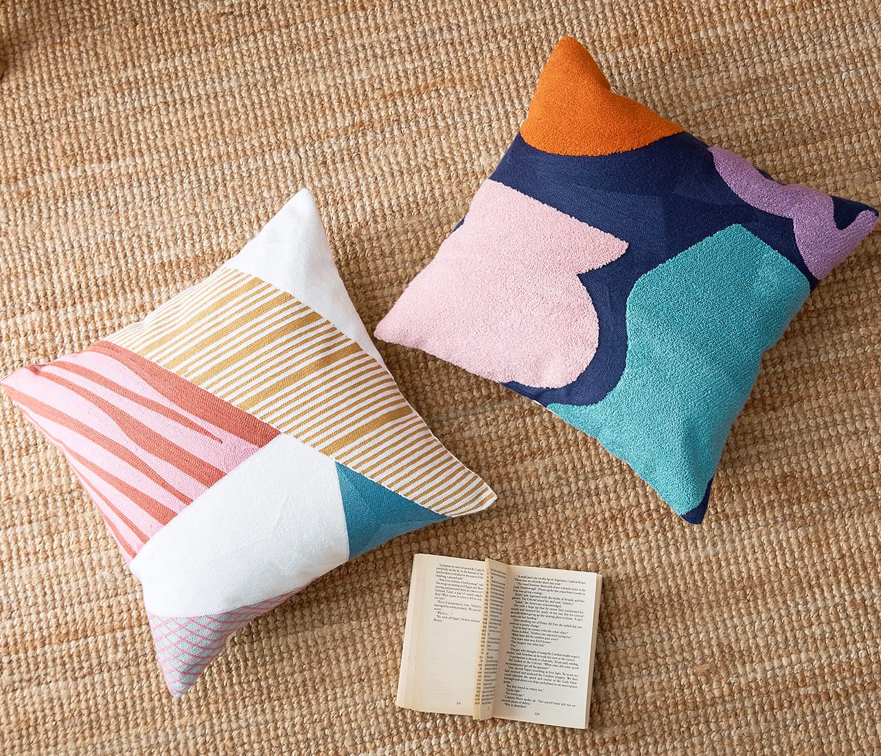 Boho Geometric Tufted Decorative Throw Pillow Cover - Farmhouse Cotton Embroidery Accent Square Cushion Case for Couch, Sofa & Bed (18