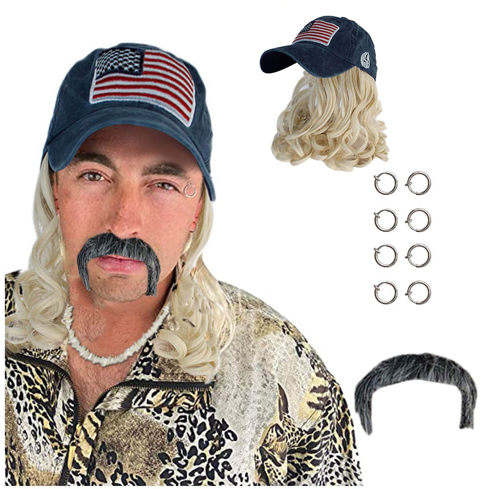 Funny Mustache Wig Earrings & Blonde Cosplay Hat for Adults & Kids - Adjustable Clip Baseball Cap for Men & Women - Perfect for Halloween, Parties, and Costume Events