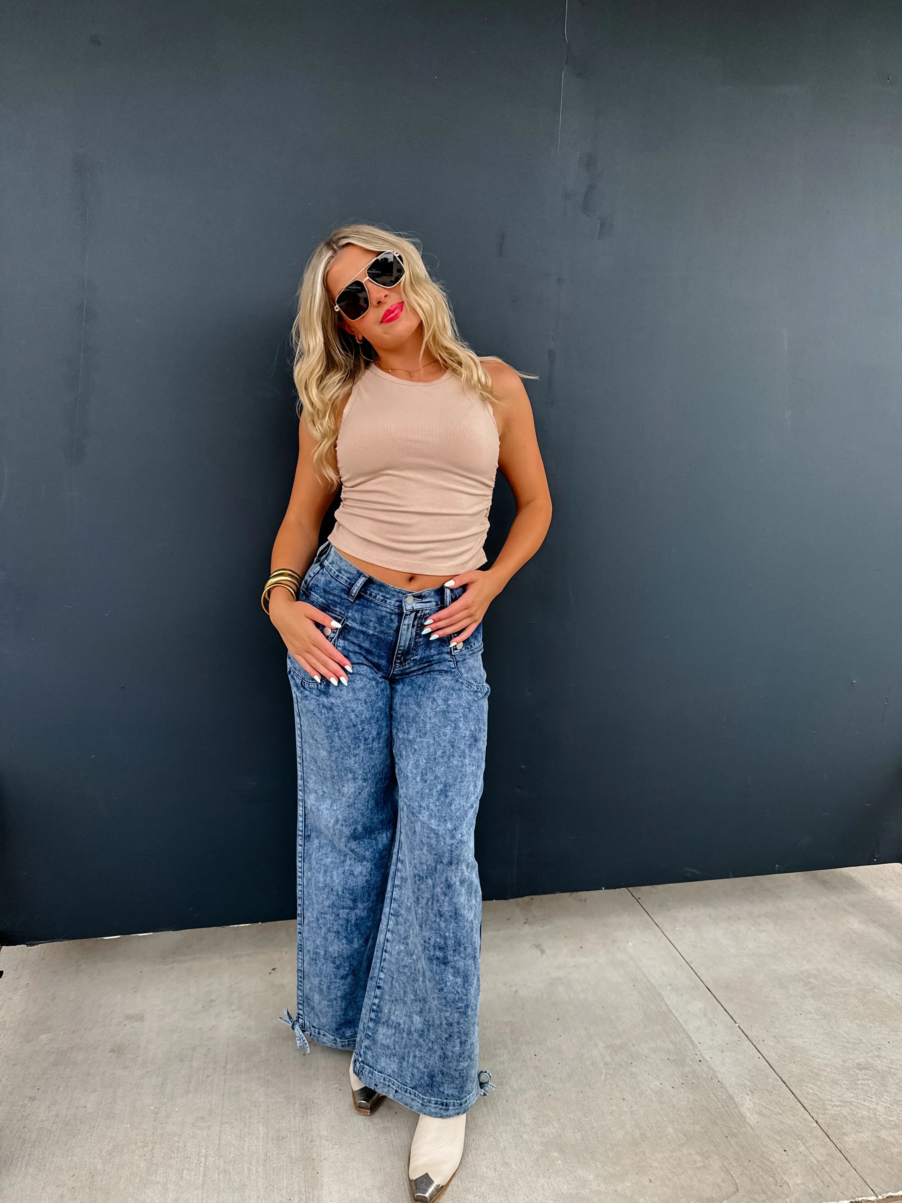 PREORDER: Charlie Cinch Hem Wide Leg Jeans - High Waist Stretch Denim Pants for Women | Casual & Chic Outfit for Everyday Wear