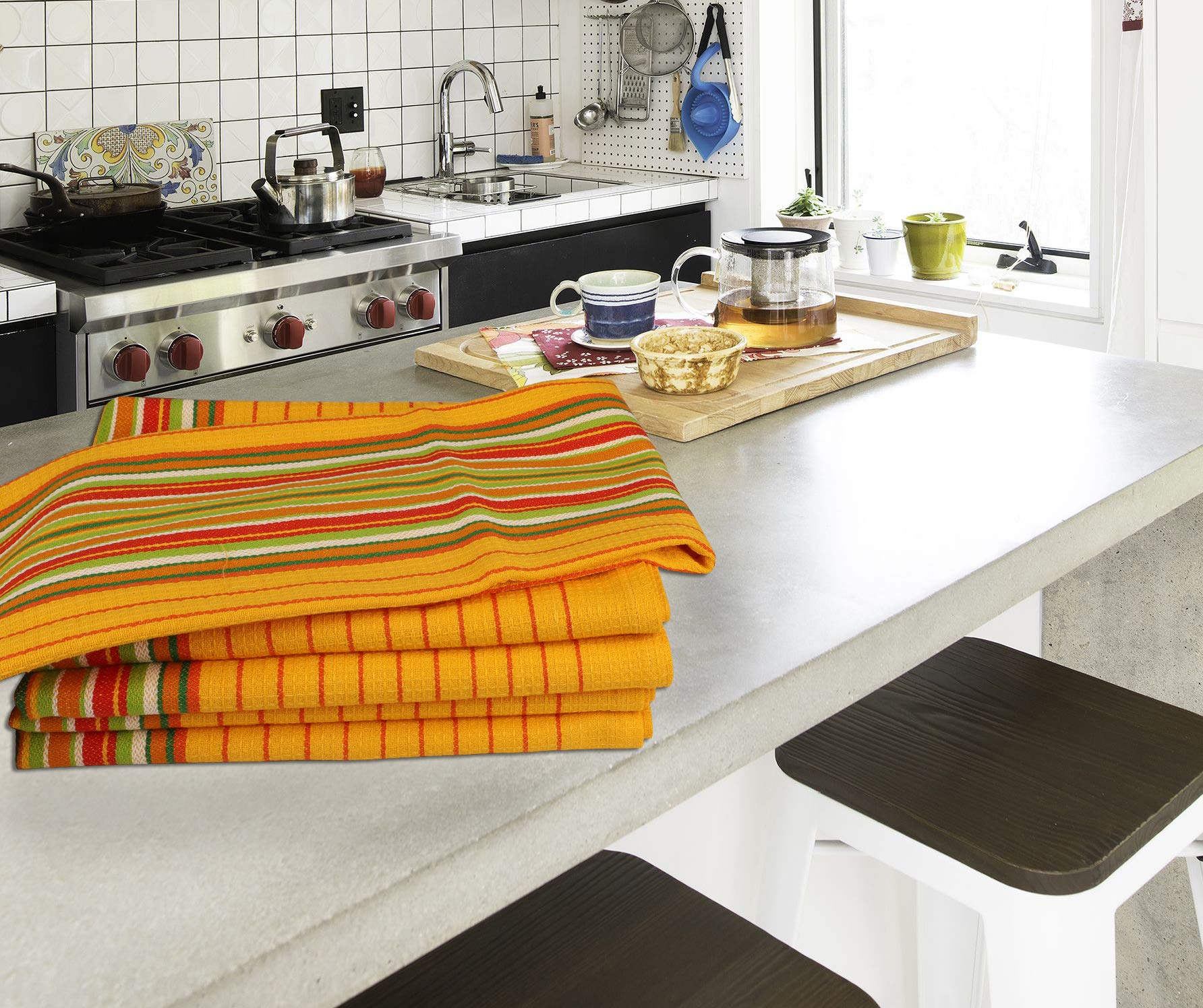 Urban Villa Mustard Waffle Stripes Kitchen Towels - Set of 6 Oversized 20x30 Inch 100% Cotton Highly Absorbent Dish Towels with Mitered Corners for Kitchen, Hand, and Tea Use