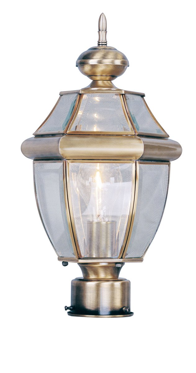Livex Lighting 2153-01 Outdoor Post Lantern with Clear Beveled Glass Shades in Antique Brass - Perfect for Porch, Patio, Garden, and Pathway Lighting