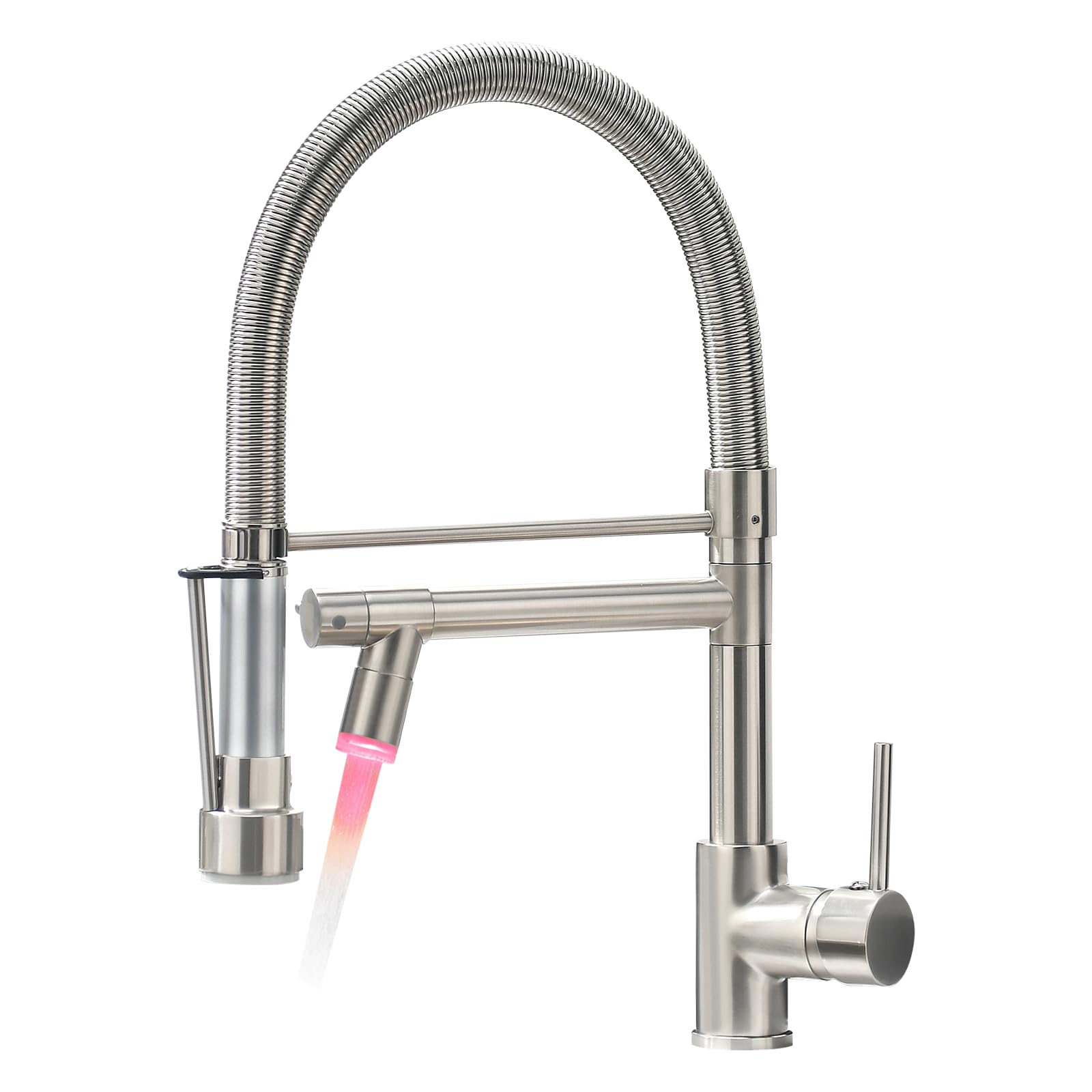 Fapully Commercial Single Handle Kitchen Faucet with Pull Down Sprayer & LED Light - Brushed Nickel Finish for Modern Kitchens and Restaurants