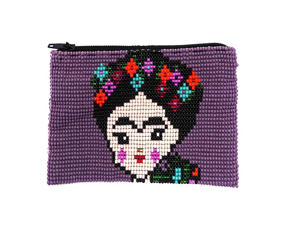 **Frida Kahlo Inspired Bohemian Coin Purse - Handmade Mexican Beaded Zipper Pouch with Czech Glass Seeds | Women's Boho Travel Accessories & Festival Bag (Lavender/Purple) | Perfect for Music Festivals, Beach Trips & Gift Giving**