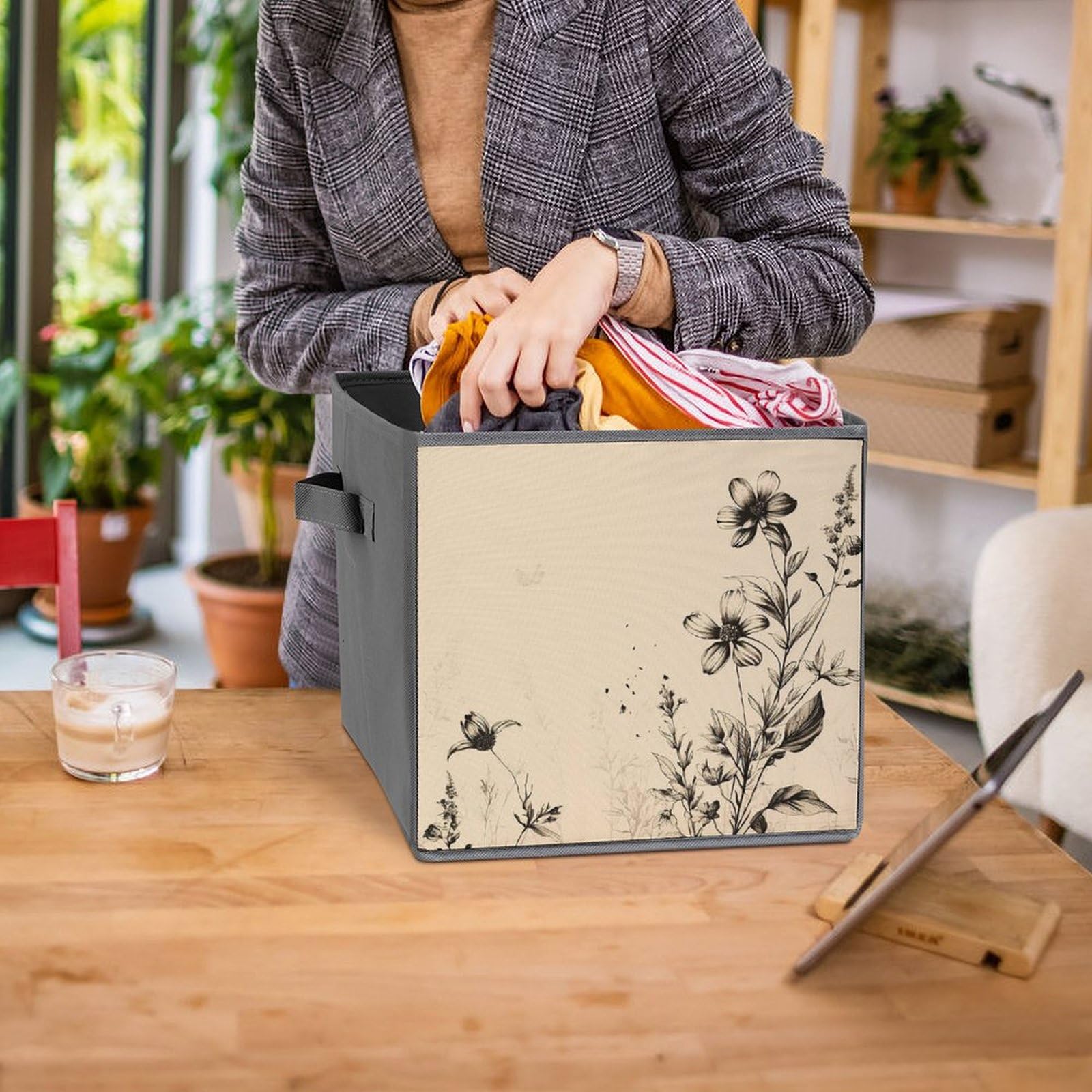6-Pack Collapsible Storage Bins with Handles - Beige Floral Design Foldable Storage Boxes for Home Organization, Shelves, Closet & Pantry | Space-Saving Home Decor & Multipurpose Storage Solutions