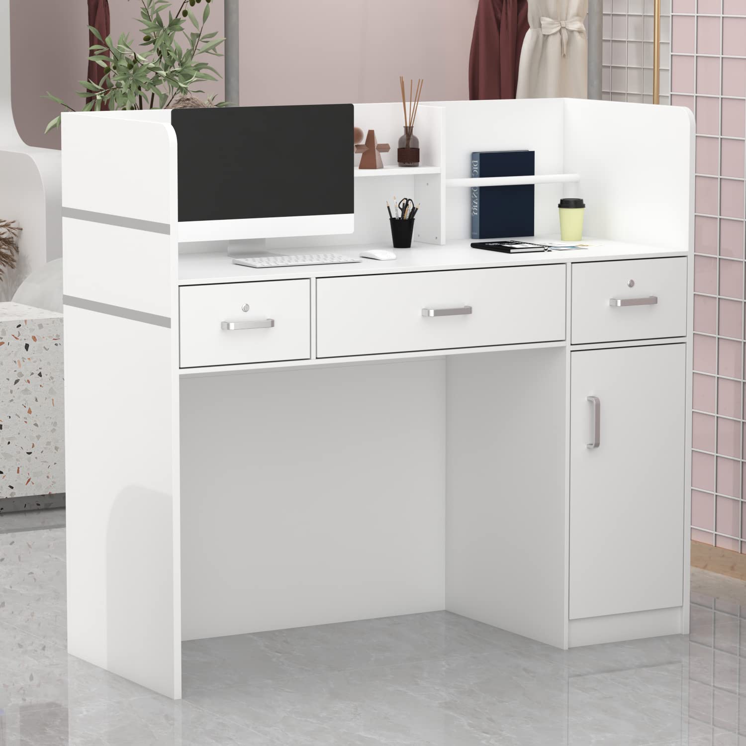 Wooden Reception Desk with Open Shelf & Lockable Drawers - Office Furniture for Reception Rooms (White)