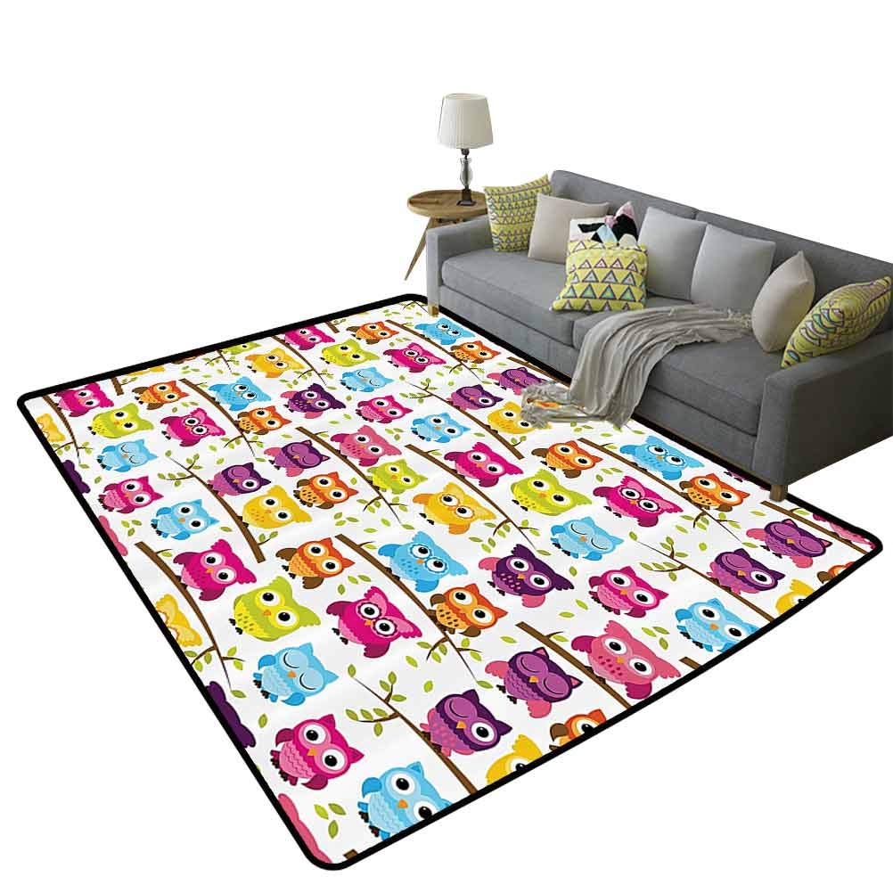 Owls in Forest Printed Rug - 5'x8' (150x240cm) Woodland Celebration Friendship Themed Home Decor, Yellow Aqua Green - Perfect for Living Room, Bedroom or Nursery Decor
