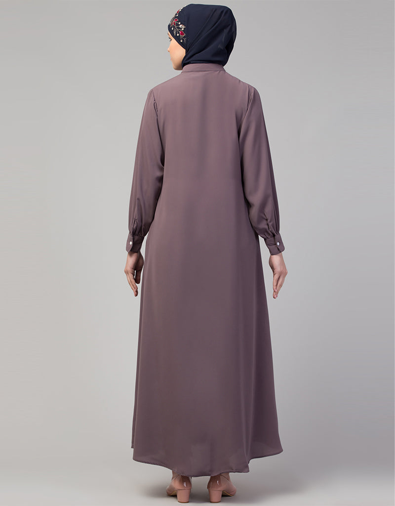 Elegant Arabic Abaya Dress with Front Open Design & Cuffs - Stylish Plum Color for Women | Perfect for Prayer, Mosque & Modest Fashion Occasions