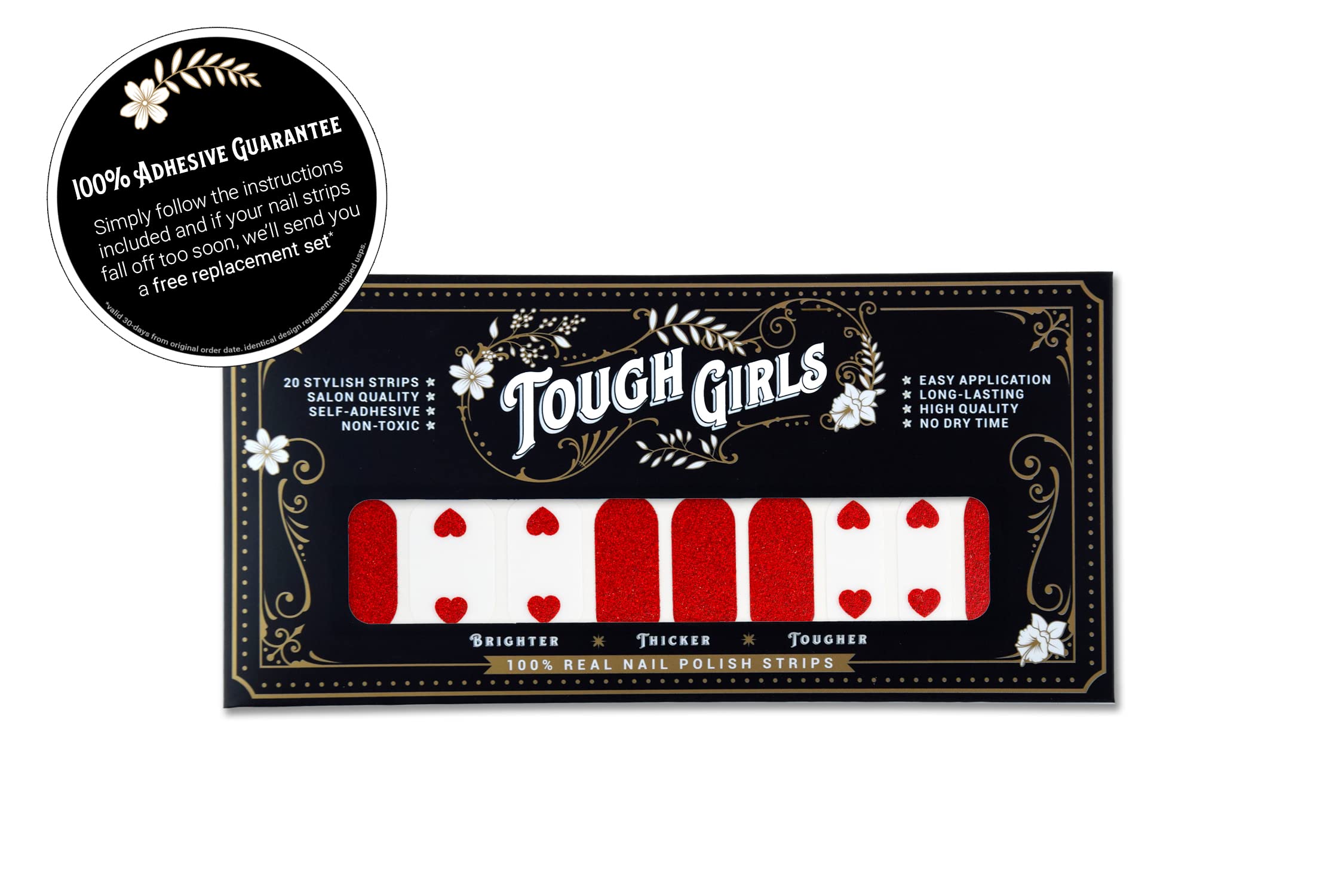 TOUGH GIRLS | 20 Exquisite Gel Nail Polish Strips with Application Accessories - No UV/LED Lamp Needed (Hearts & Red Glitter) - Perfect for DIY Manicures at Home, Parties, and Special Occasions