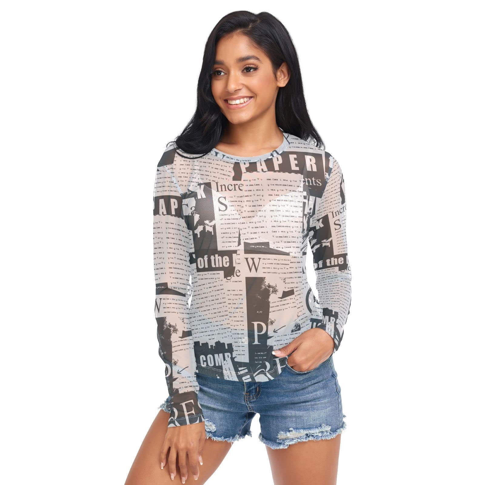 Women's Long Sleeve Sheer Mesh Top - Sexy See-Through Blouse in Black & White Newspaper Print | Perfect for Night Out, Date Night & Party Wear