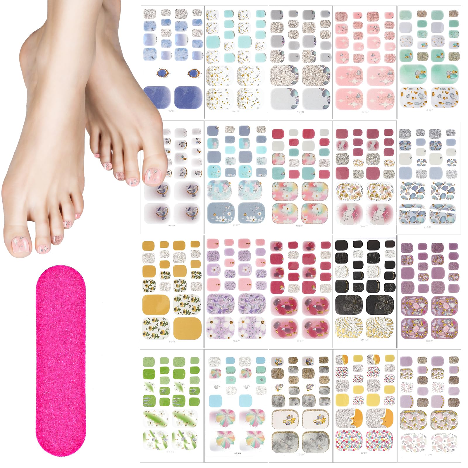 440PCS Toe Nail Stickers - 20 Sheets Full Nail Wraps with Multicolor Gel Polish Patterns | DIY Nail Art Kit for Women & Girls | Perfect for Parties, Weddings & Home Manicures