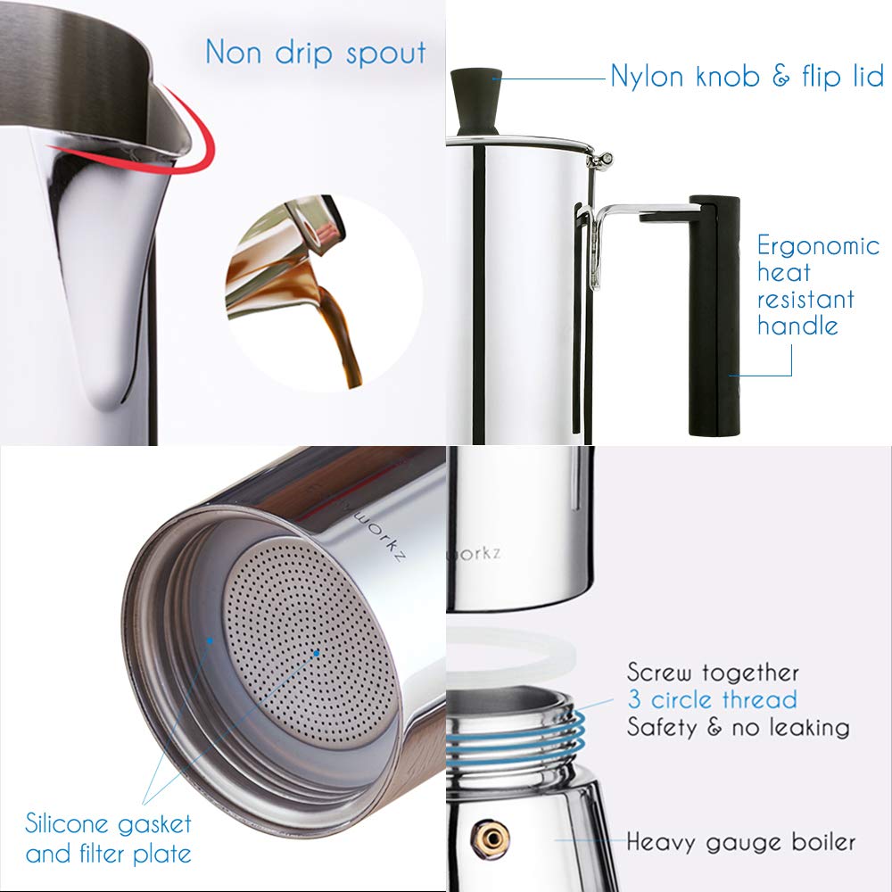 Easyworkz Pedro Stovetop Espresso Maker with 2 Stainless Steel Double Wall Insulated Demitasse Cups - Italian Coffee Maker for Home, Camping & Travel | Perfect Gift for Coffee Lovers