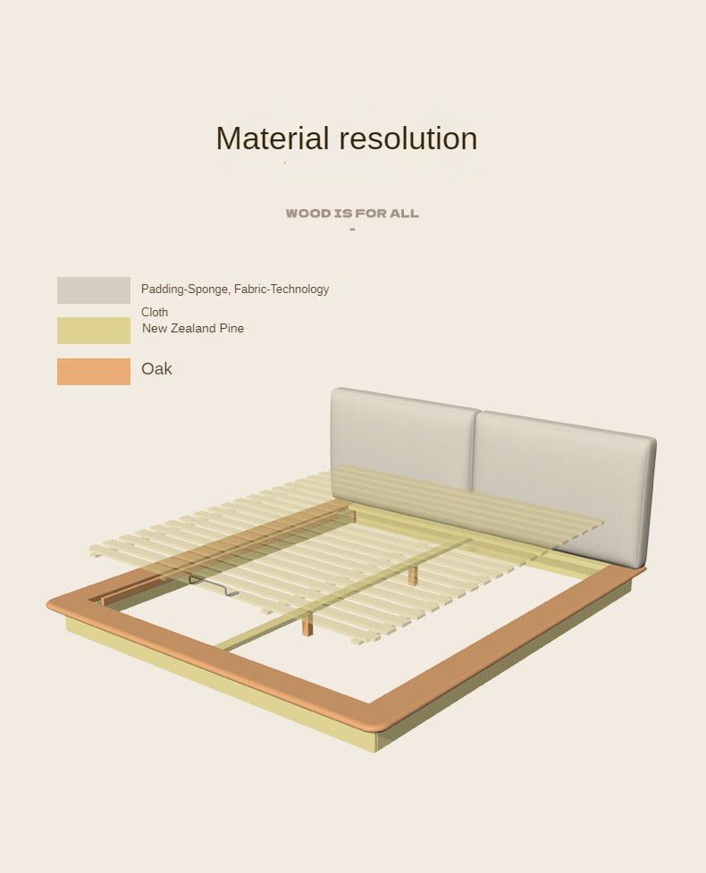 Solid Oak Wood Floating Platform Bed with Soft Fabric Headboard - Modern Technology Bed Frame for Bedroom, Living Room, or Guest Room