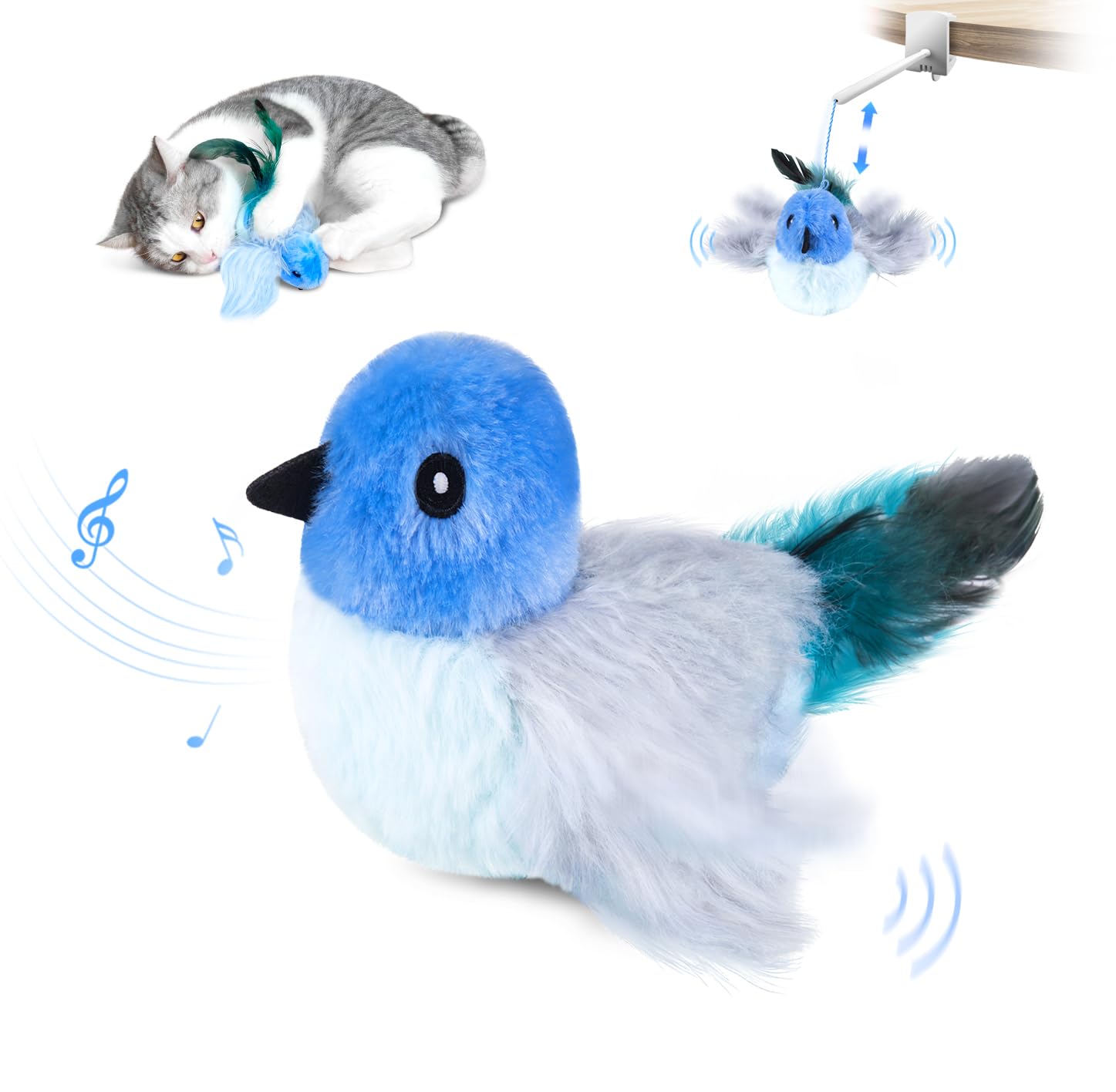 Migipaws Interactive Cat Toys with Catnip - Lifelike Robin Flying Flapping Bird Toy with Feathers & Elastic String, Automatic Chirping Kitten Toys for Indoor Cats - Rechargeable (Blue) | Perfect for Solo Play, Exercise & Stimulation