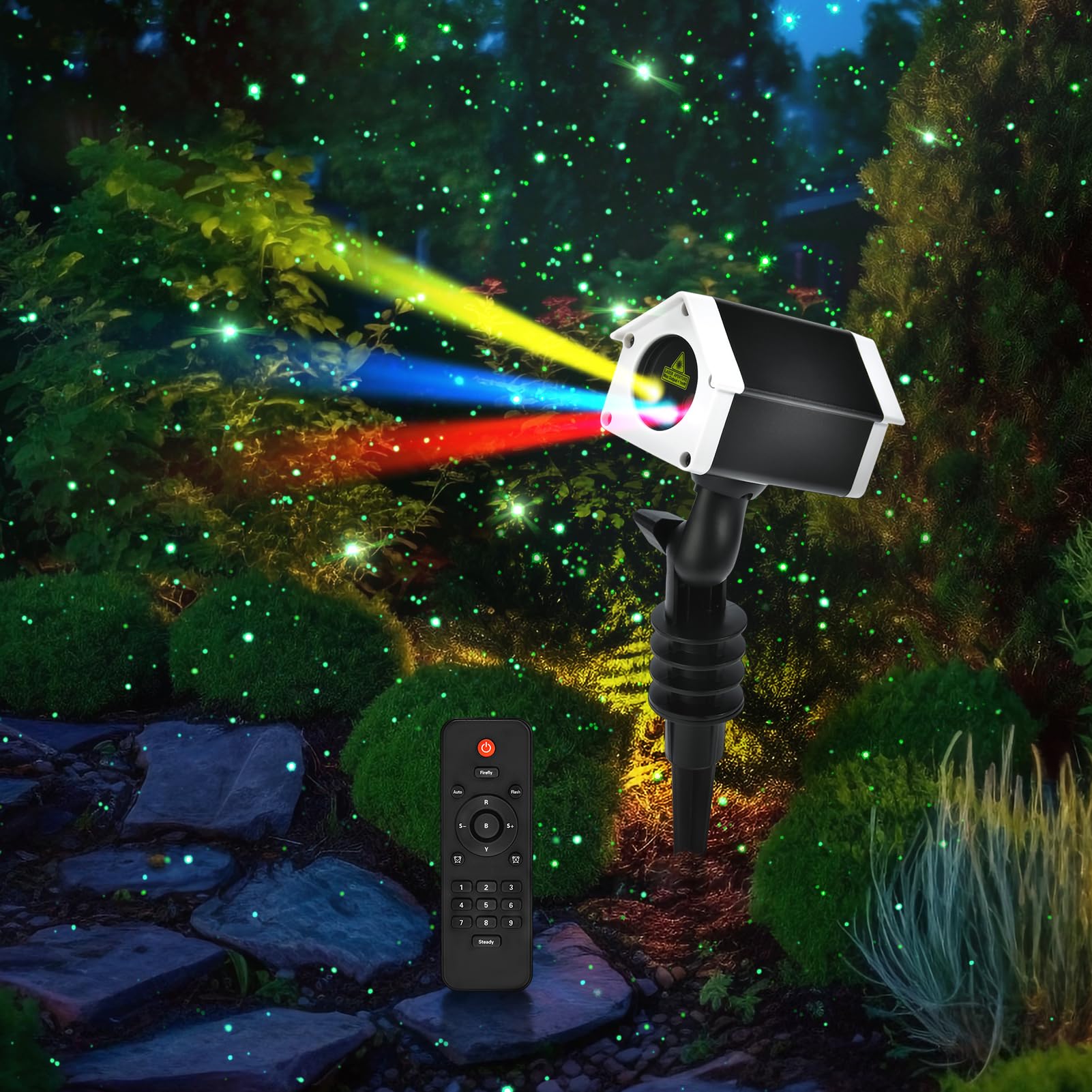 7-Color Laser Projector Lights for Outdoor & Indoor Use - Waterproof Firefly Projection with Remote - Perfect for Patio, Garden, Landscape, Tree Decorations (Great for Holidays, Parties & Backyard Lighting)