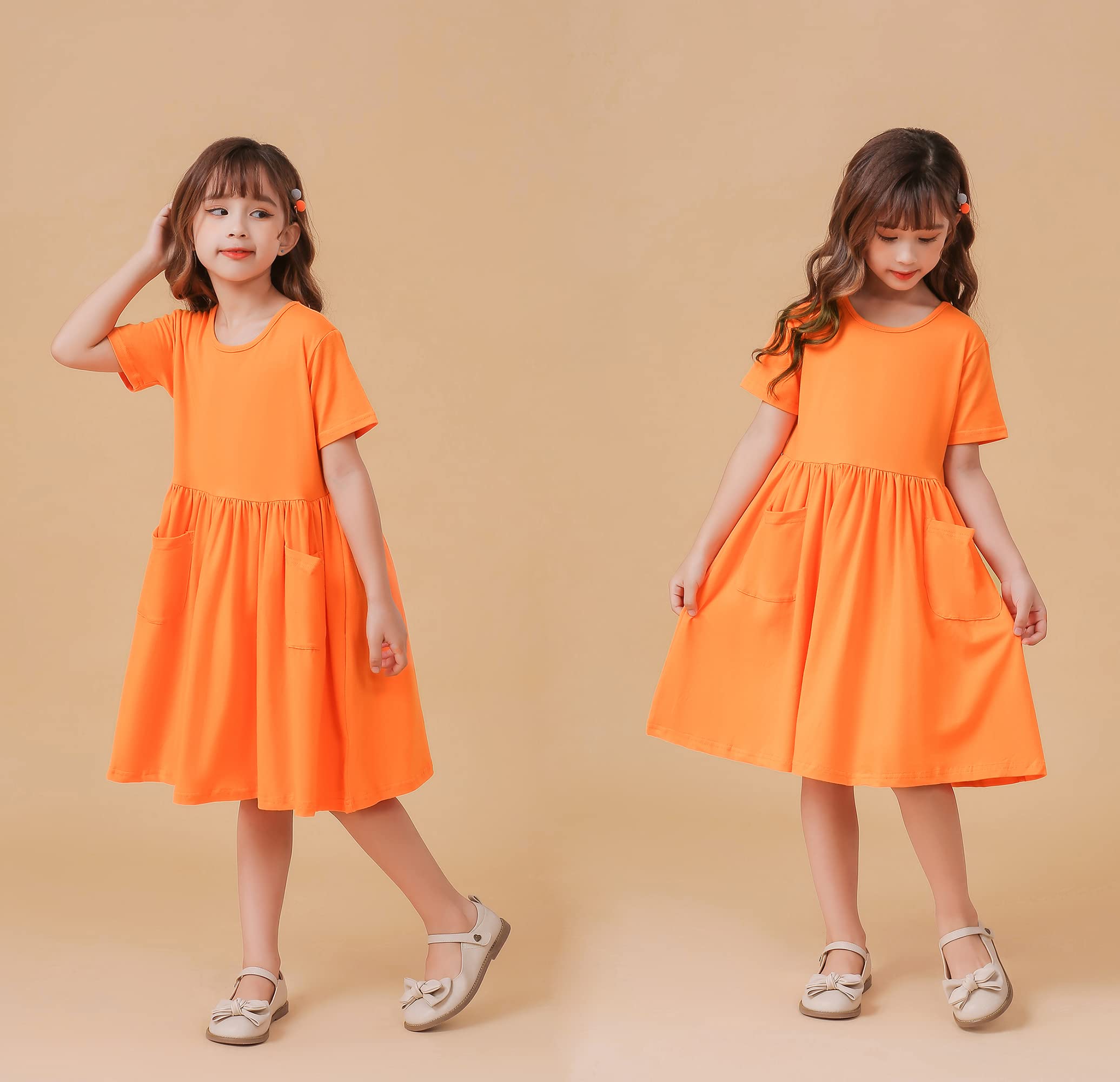 Girls Casual Short Sleeve A-Line Pleated Dress with Pockets - Solid Color Summer Dress for Kids, Playdates, School & Birthday Parties