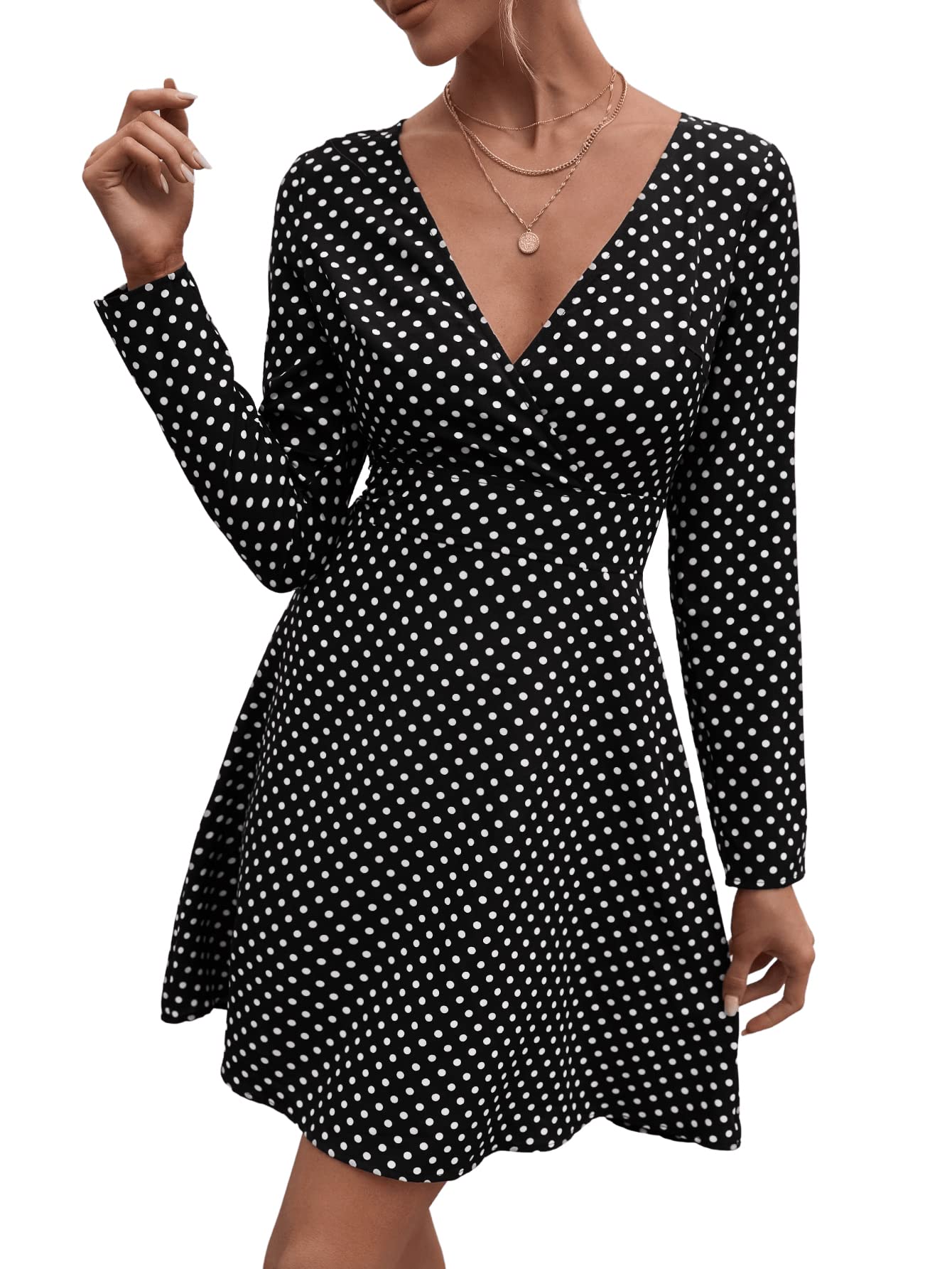 SweatyRocks Women's Casual Long Sleeve High Waist A-Line Short Dress with Polka Dots - Perfect for Office Wear, Date Night & Spring Outfits