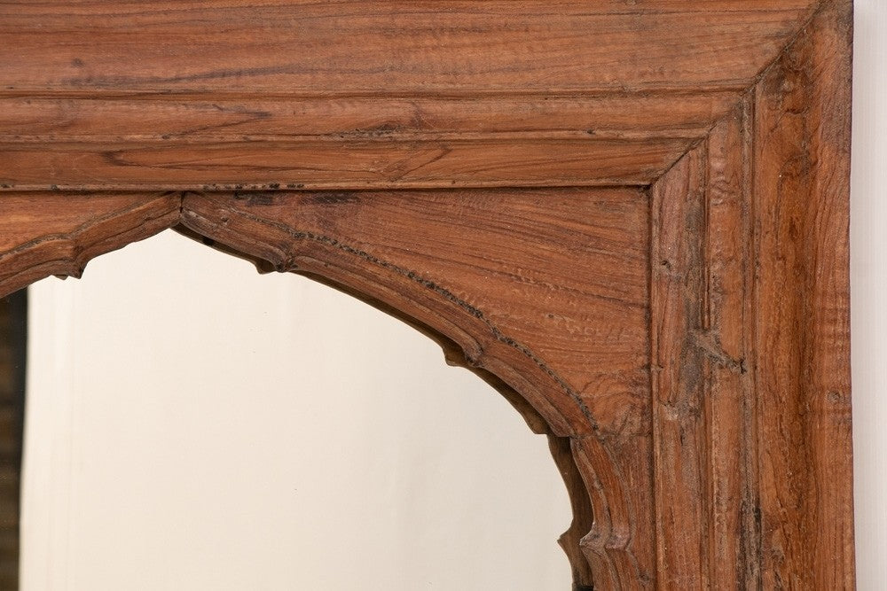 Hand Carved Indian Arch Mehrab Window Frame with Mirror - Brown Wooden Wall Decor for Living Room, Bedroom & Home Interior Design