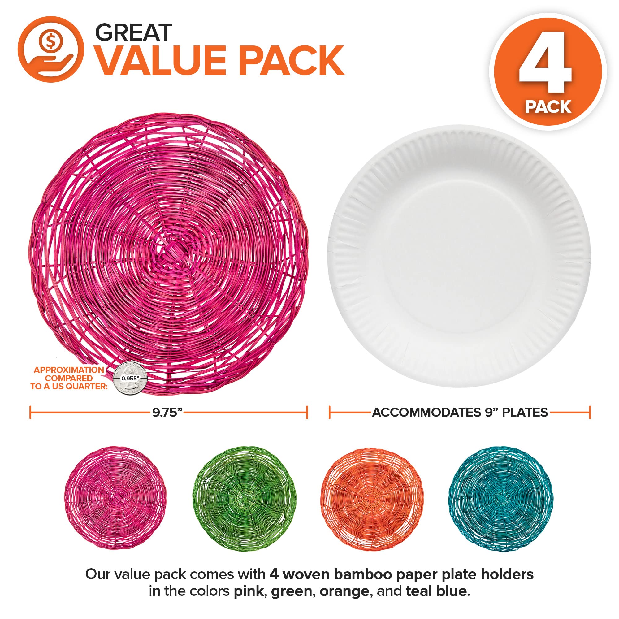 Stock Your Home 10-Inch Bamboo Paper Plate Holders (Set of 4) - Durable Wicker Reusable Charger Plates in Vibrant Colors - Perfect for Parties, BBQs, and Outdoor Dining