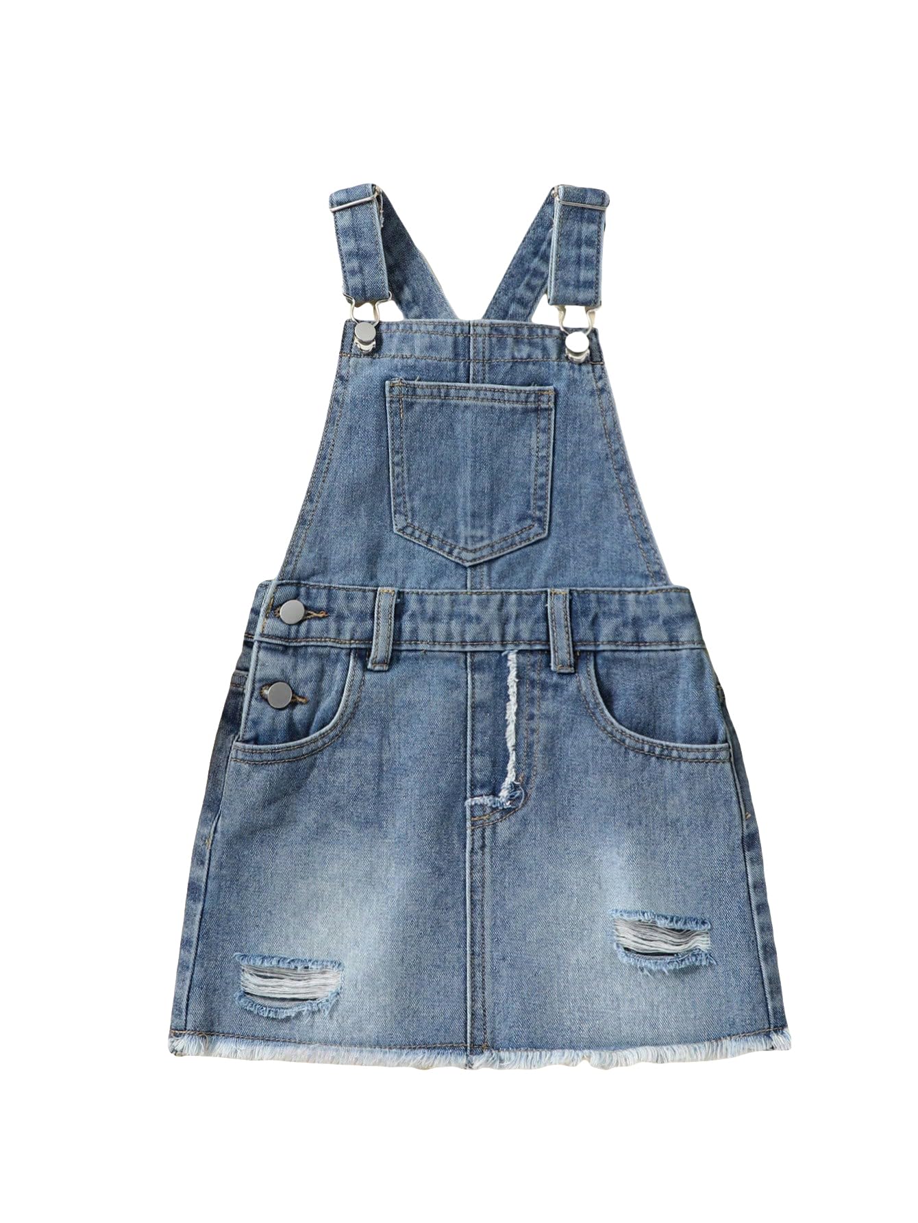 Girl's Casual Ripped Raw Hem Midi Denim Overalls Dress with Pocket - Stylish and Comfortable Outfit for School, Playdates & Everyday Wear