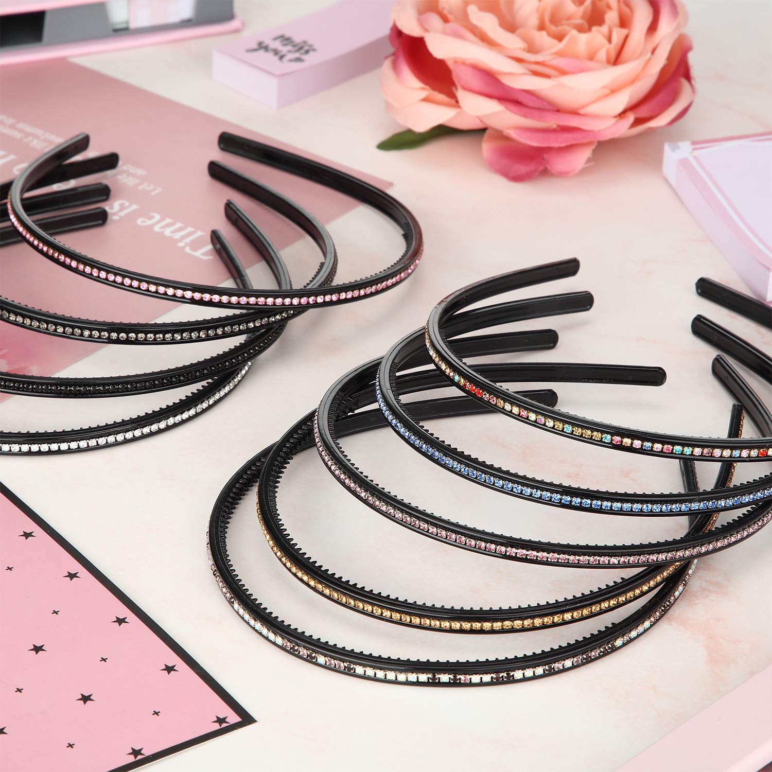 WILLBOND 9 Pack Rhinestone Crystal Headbands for Women - Skinny Plastic Hair Bands with Teeth, Thin Bling Hair Hoops (9 Colors) - Perfect for Weddings, Parties, and Everyday Fashion Accessories