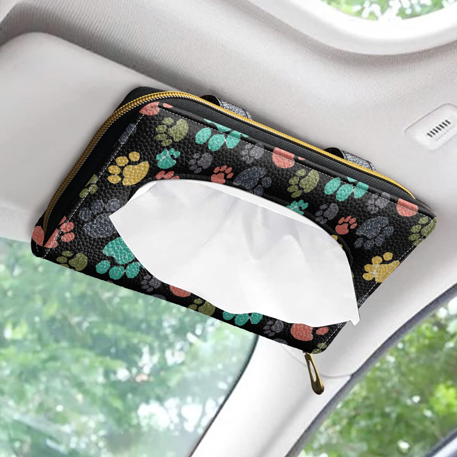 Xoenoiee Car Tissue Holder - Animal Paw Prints PU Leather Tissue Box for Backseat with Visor Hook | Car Accessories for Paper Towels & Masks | Perfect for Road Trips & Family Travel