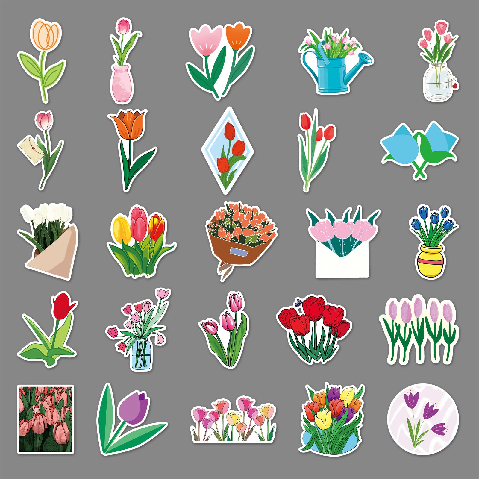 50PCS Waterproof Tulip Flower Stickers - Cute Vinyl Decals for Laptop, Water Bottle, Bike, Car, Skateboard, Luggage, Guitar - Trendy DIY Scrapbooking Stickers for Teens, Girls & Kids - Perfect for School, Home Decor & Personalization