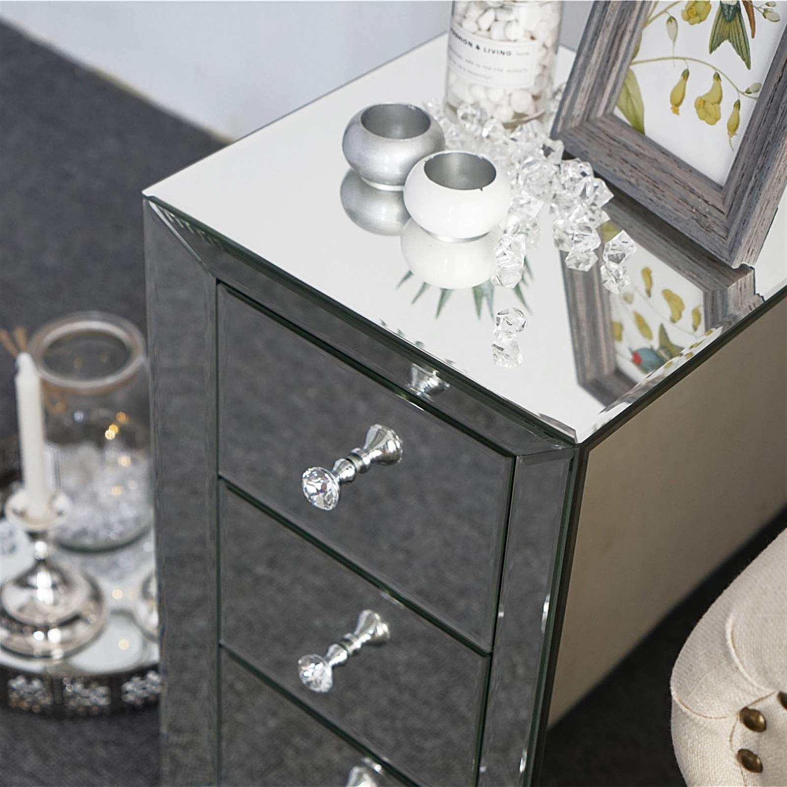 Mirrored 3-Drawer Nightstand Accent Chest Cabinet Bedside Table - Silver Finish Modern Bedroom Furniture for Small Spaces | Perfect for Bedroom, Guest Room, Apartment & Dorm Decor