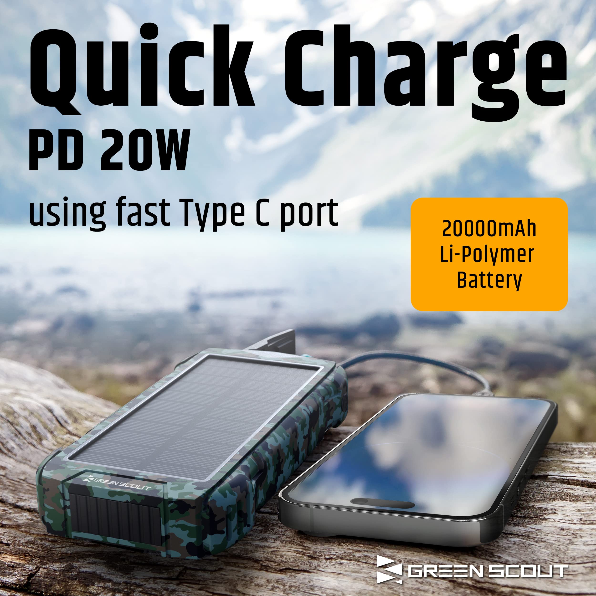 20000mAh Solar Charger Power Bank - 4 Outputs USB C Fast Charging & Qi Wireless Portable Charger with LED Flashlight | Compatible with iPhone, Android Phones | Perfect for Outdoor Camping, Hiking, Emergency Power (Green Camouflage)