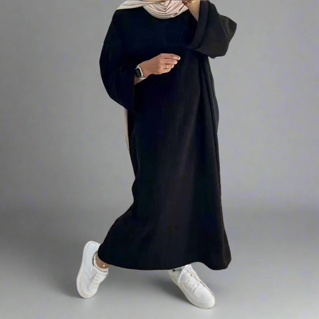 Thick Winter Fall Corduroy Abaya Dress with Pockets - Modest Long Dress for Muslim Women - Perfect for Prayer, Mosque, and Everyday Wear