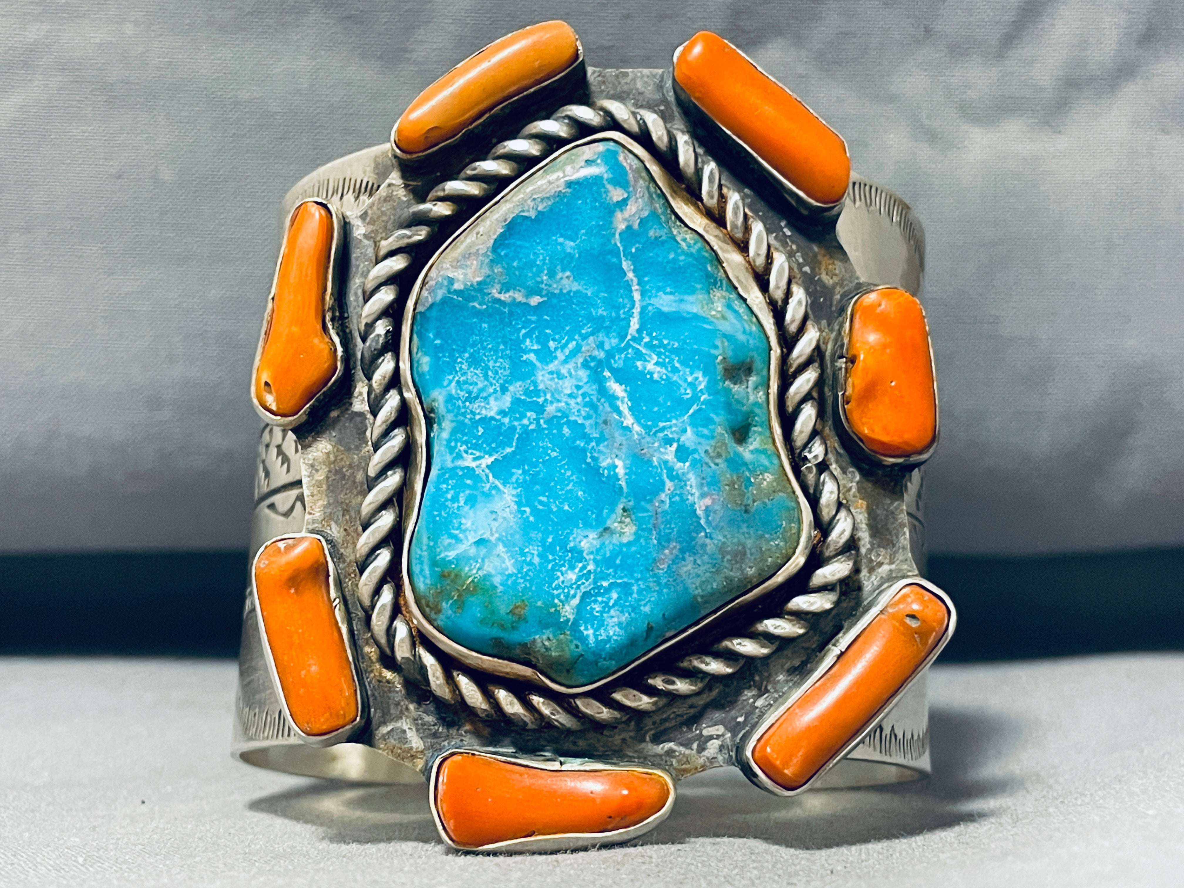 143g Stunning Native American Navajo Turquoise Coral Sterling Silver Bracelet - Perfect for Boho Fashion, Gift Giving & Spiritual Jewelry Collection