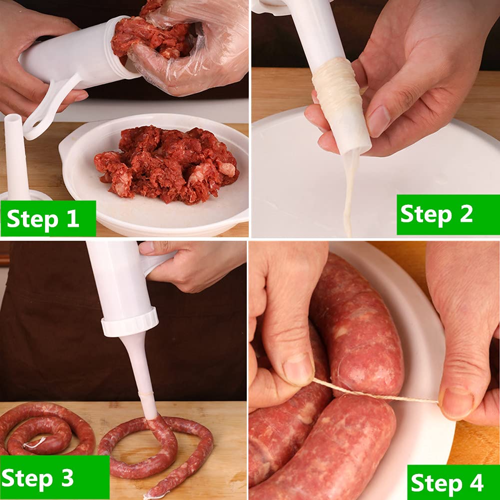 Hand Operated Sausage Stuffer with Pork & Mutton Intestine Funnels - Manual Meat Grinder & Salami Maker for Home Kitchen, BBQ, Camping & DIY Charcuterie