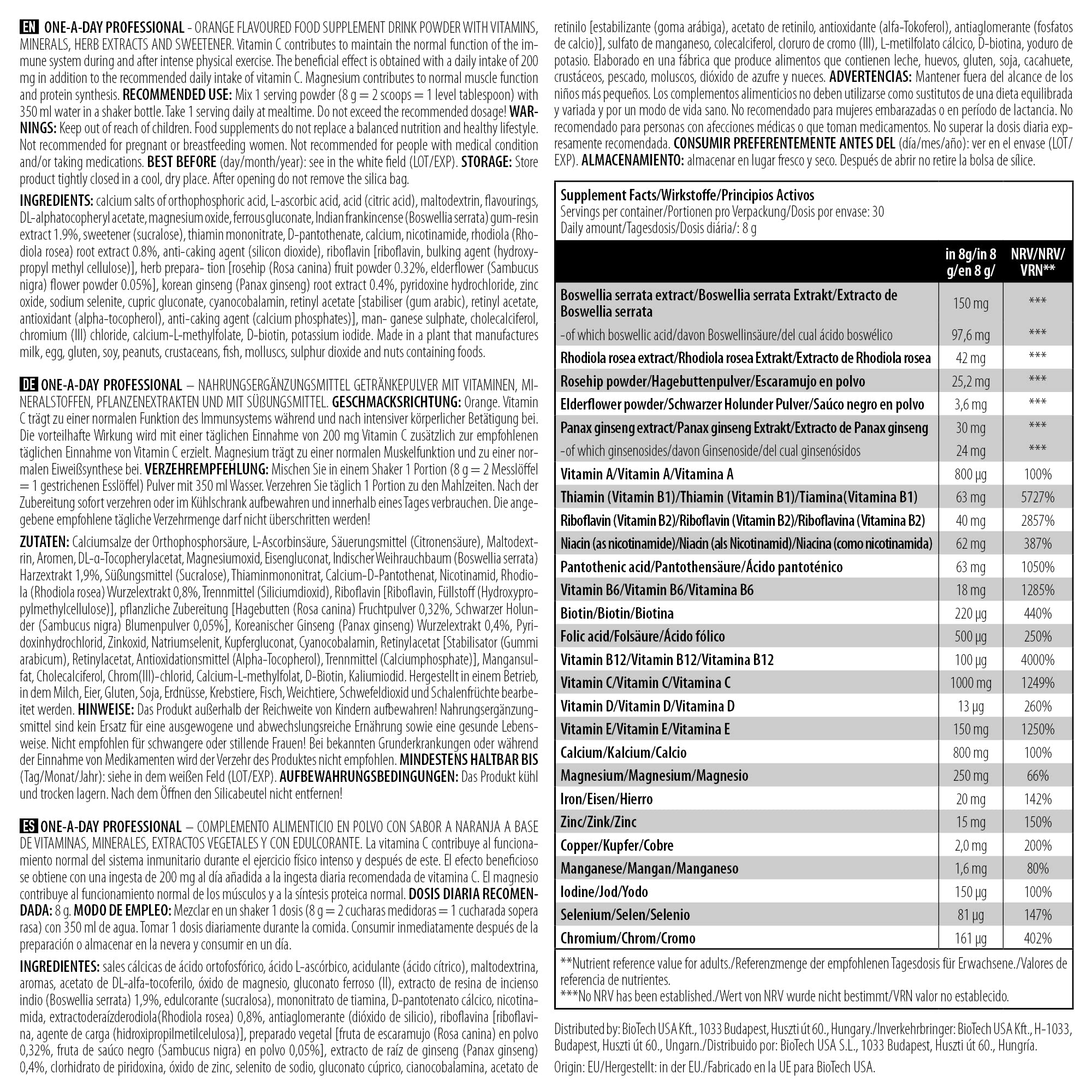 BioTechUSA One A Day Professional Multivitamin Supplement - 240g Orange Flavor for Daily Energy & Immune Support | Perfect for Active Lifestyles, Gym & Workout Recovery