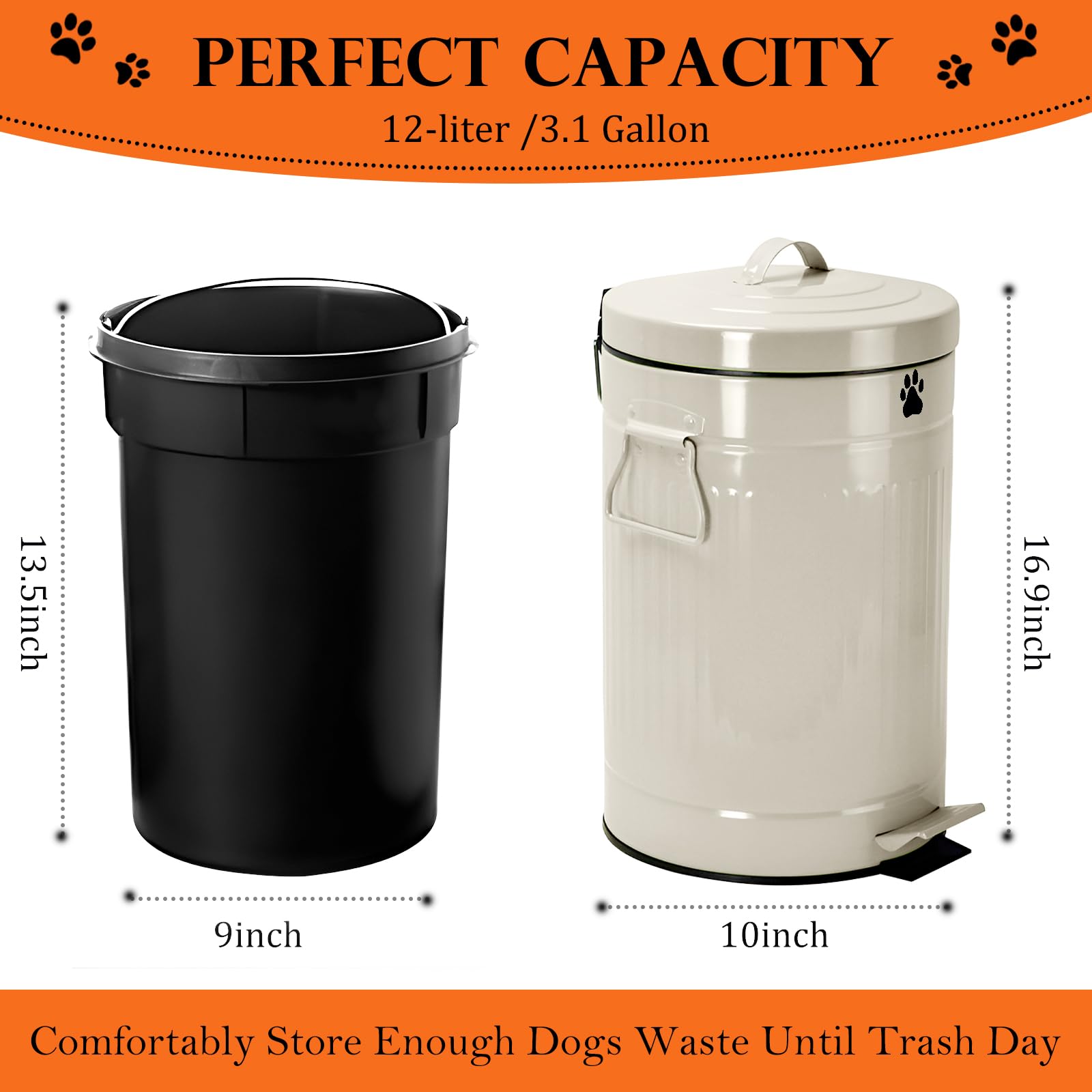12L/3.1Gal Metal Outdoor Dog Waste Trash Can with Lid & Foot Pedal - Includes 100 Dog Poop Bags, Soft Close Design, White Round Pet Waste Bin for Backyard, Garden & Park Cleanup
