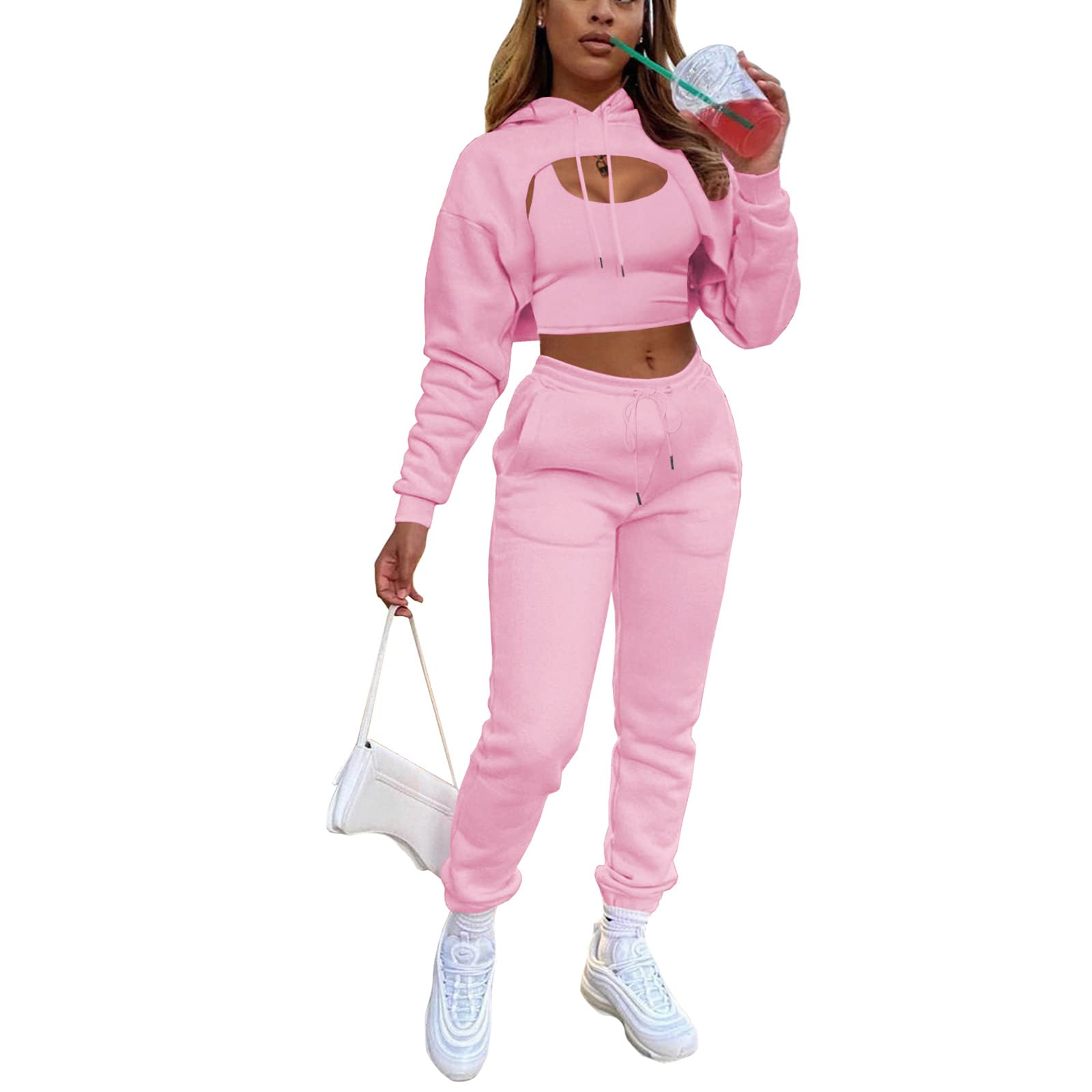 Txlixc Women's Solid Color Pant Sets - Long Sleeve Hoodie & Tank Top with Drawstring & Pockets | Autumn Outfits for Adults | Perfect for Casual Wear, Workout & Street Fashion