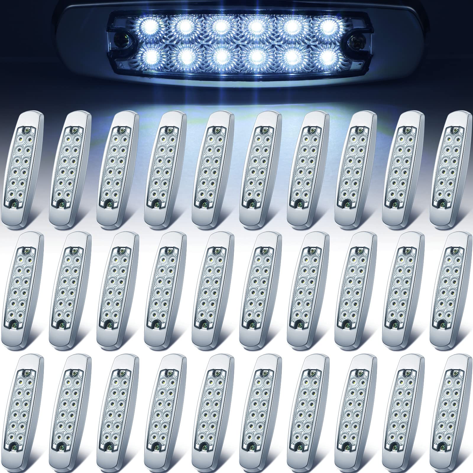 30-Piece 6.4 Inch Amber LED Side Marker Lights - 12 Diodes Truck Trailer RV Camper Marker Lights for Front Rear & Tail (White) | Durable Waterproof for Heavy Duty Use in All Weather Conditions
