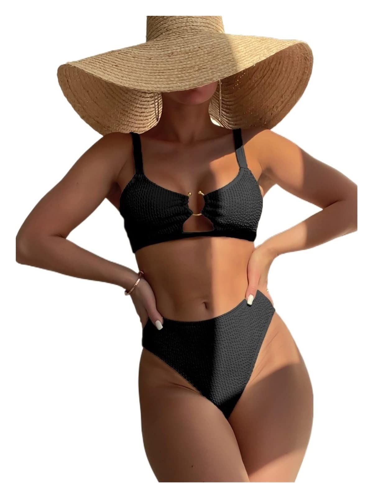 TINMIIR Women's High Waisted Bikini Set - Textured Ring Linked Cut Out Swimsuit for Beach, Pool & Summer Vacation